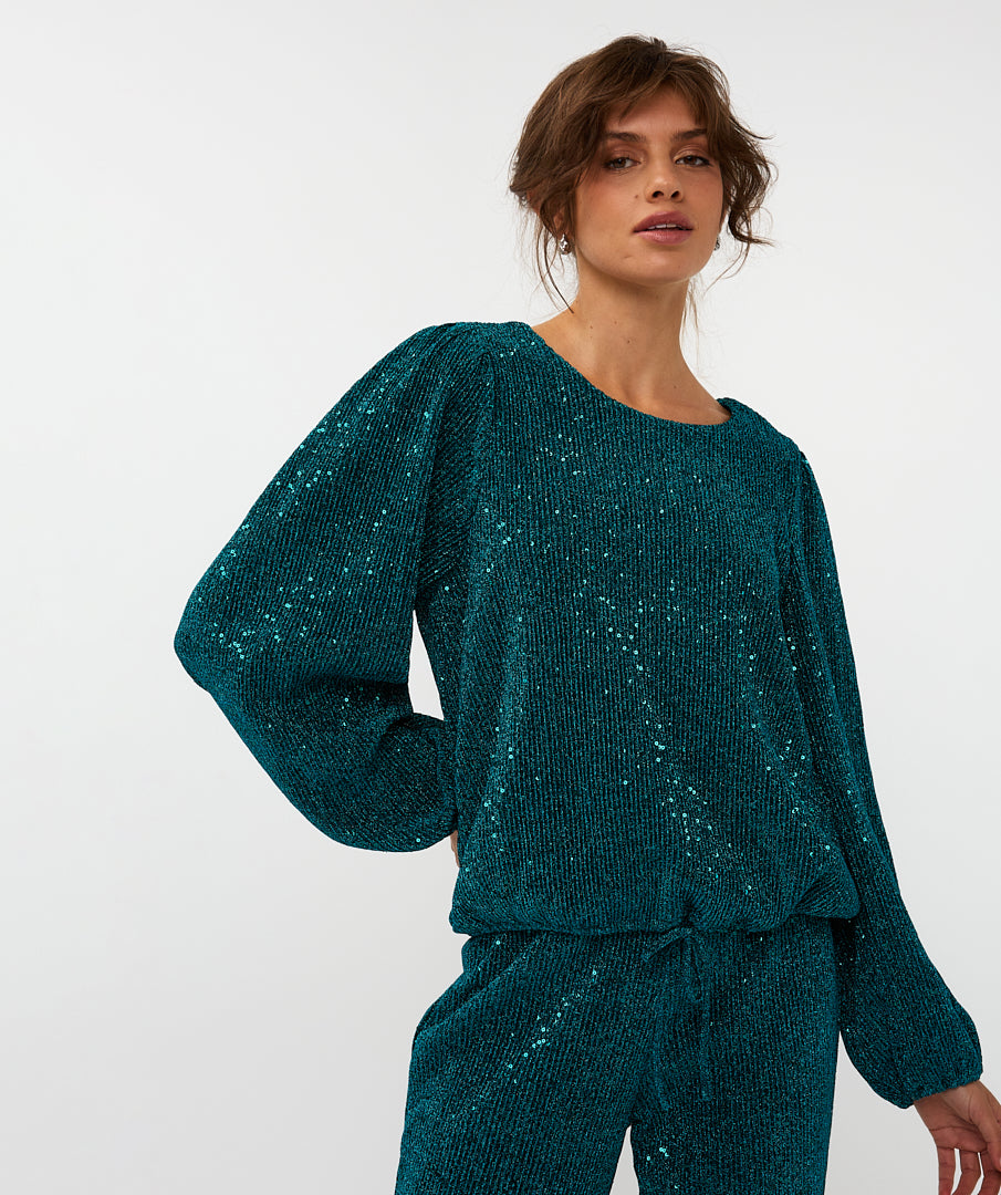 ESQUALO SAFIA Teal Lurex Sparkle Crinkle Blouse