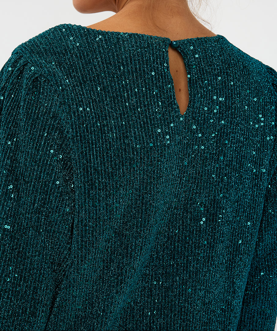 ESQUALO SAFIA Teal Lurex Sparkle Crinkle Blouse