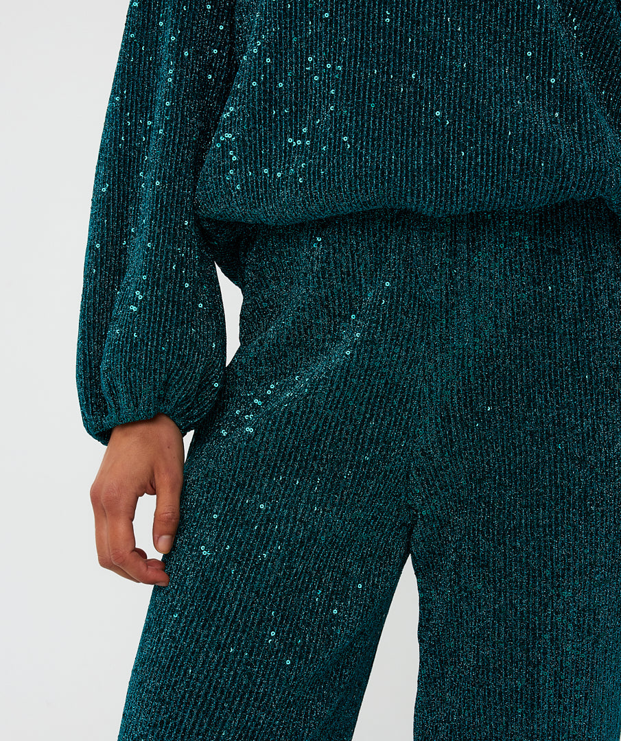 ESQUALO SAFIA Teal Lurex Sparkle Crinkle Trousers