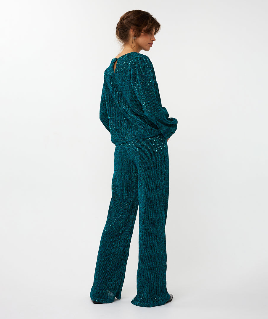 ESQUALO SAFIA Teal Lurex Sparkle Crinkle Trousers