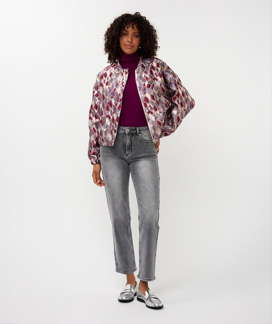 ESQUALO REINA Metallic Mosaic Jewel-Tone Bomber Jacket