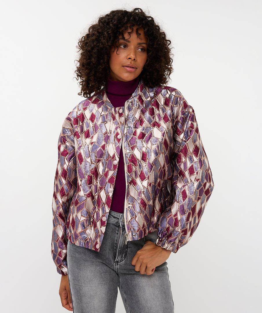 ESQUALO REINA Metallic Mosaic Jewel-Tone Bomber Jacket