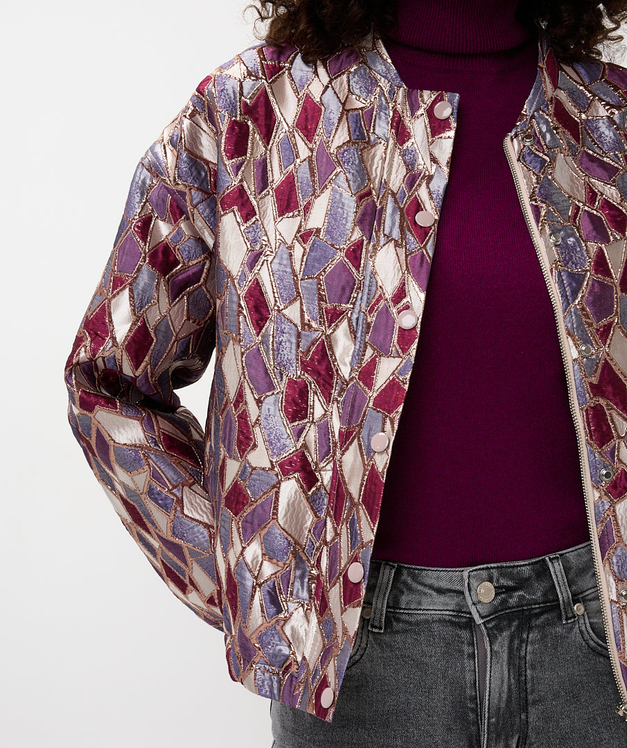 ESQUALO REINA Metallic Mosaic Jewel-Tone Bomber Jacket