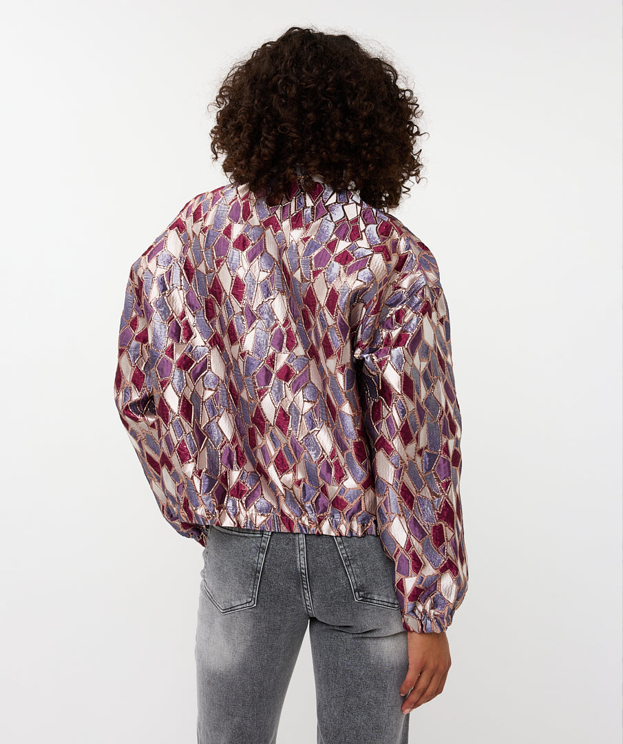 ESQUALO REINA Metallic Mosaic Jewel-Tone Bomber Jacket