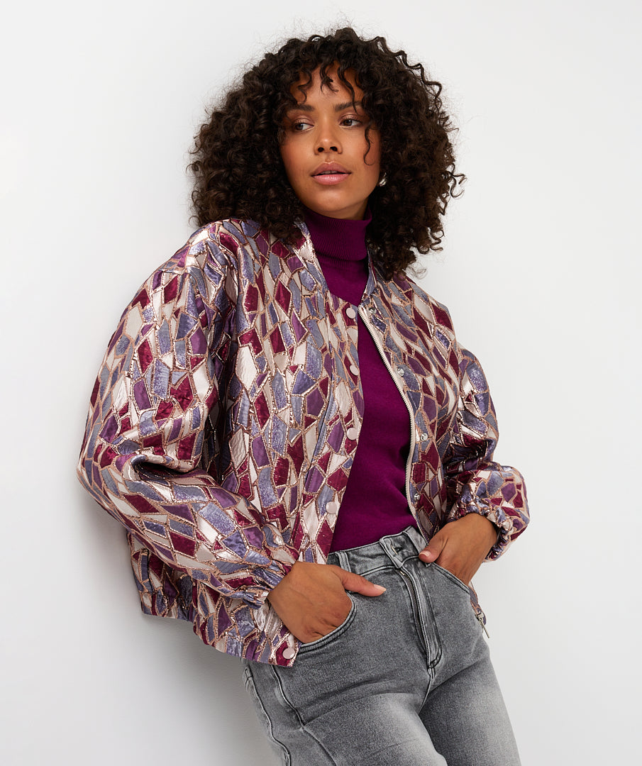 ESQUALO REINA Metallic Mosaic Jewel-Tone Bomber Jacket