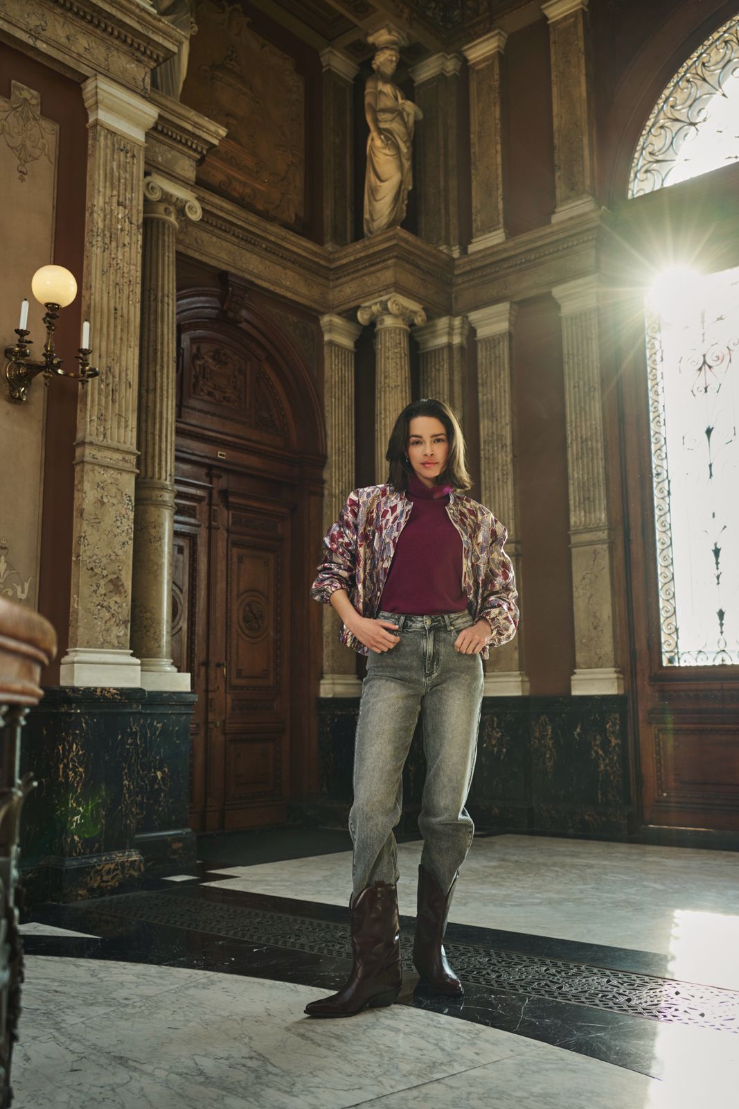 ESQUALO REINA Metallic Mosaic Jewel-Tone Bomber Jacket