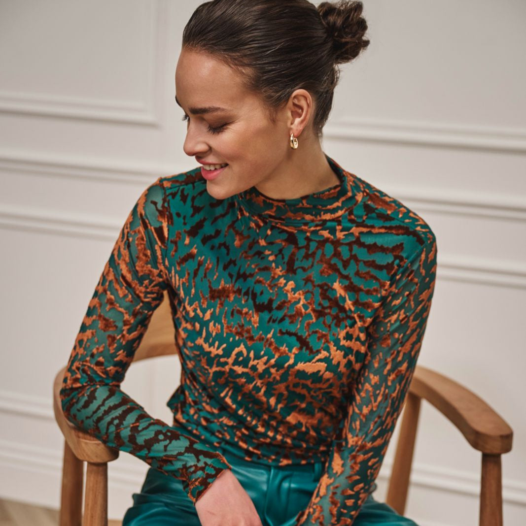 ESQUALO EMBERLY Copper & Teal Leopard Print Mesh Longsleeve Top