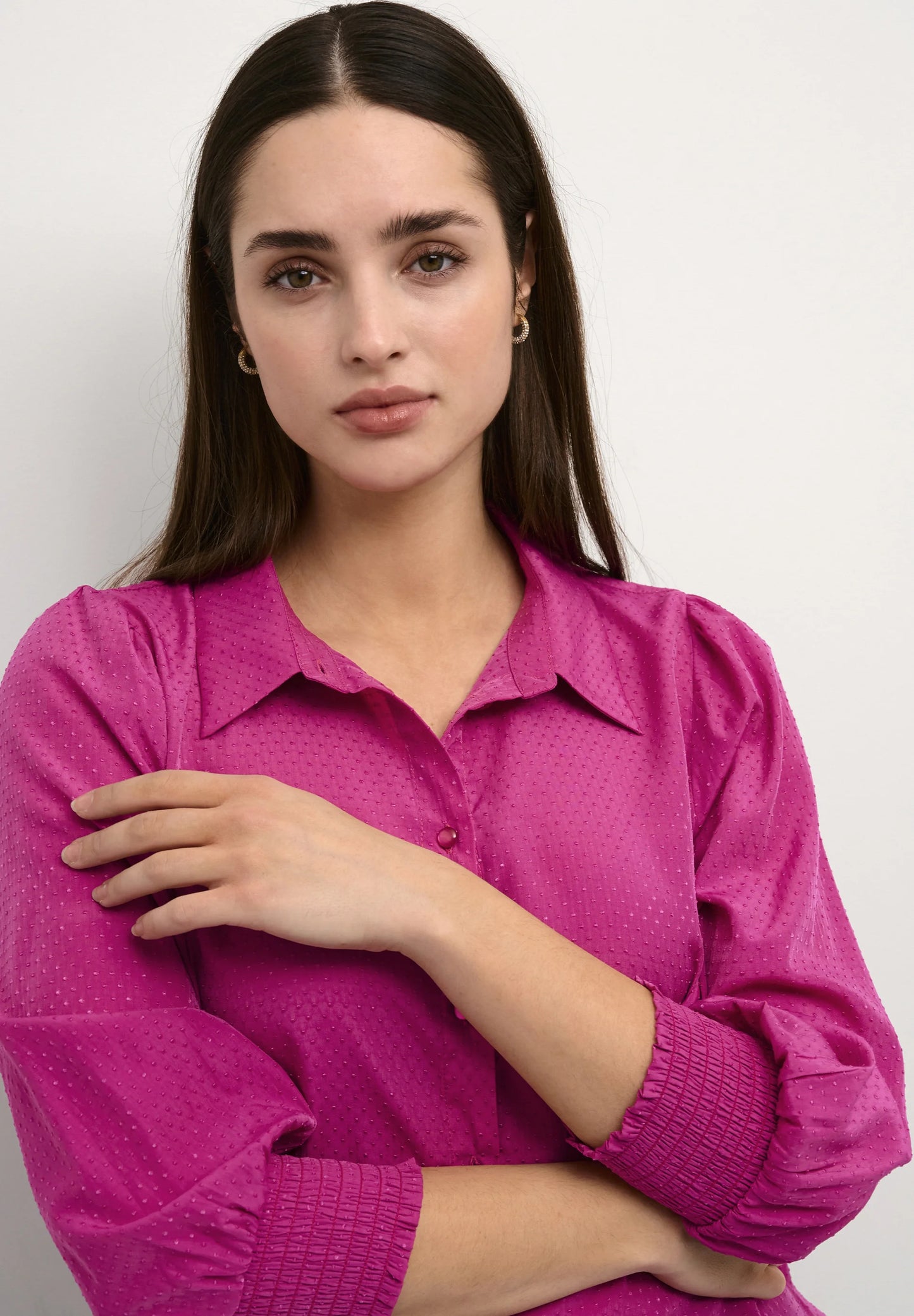 KAFFE CATIA Fuchsia Pink 3/4 Sleeve Button Down Blouse