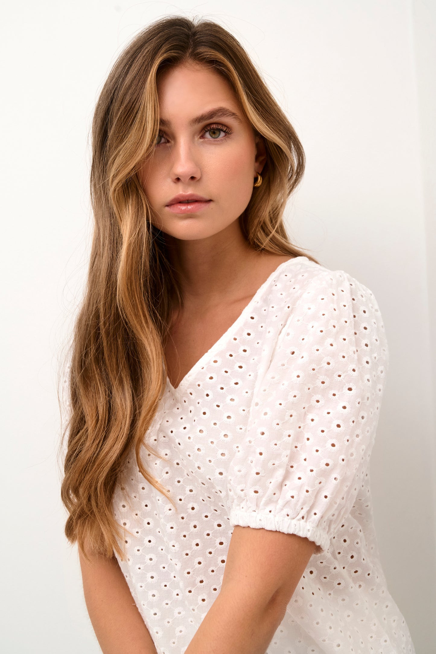 KAFFE KAKIO Chalk White English Embroidery Shortsleeve Vneck Blouse