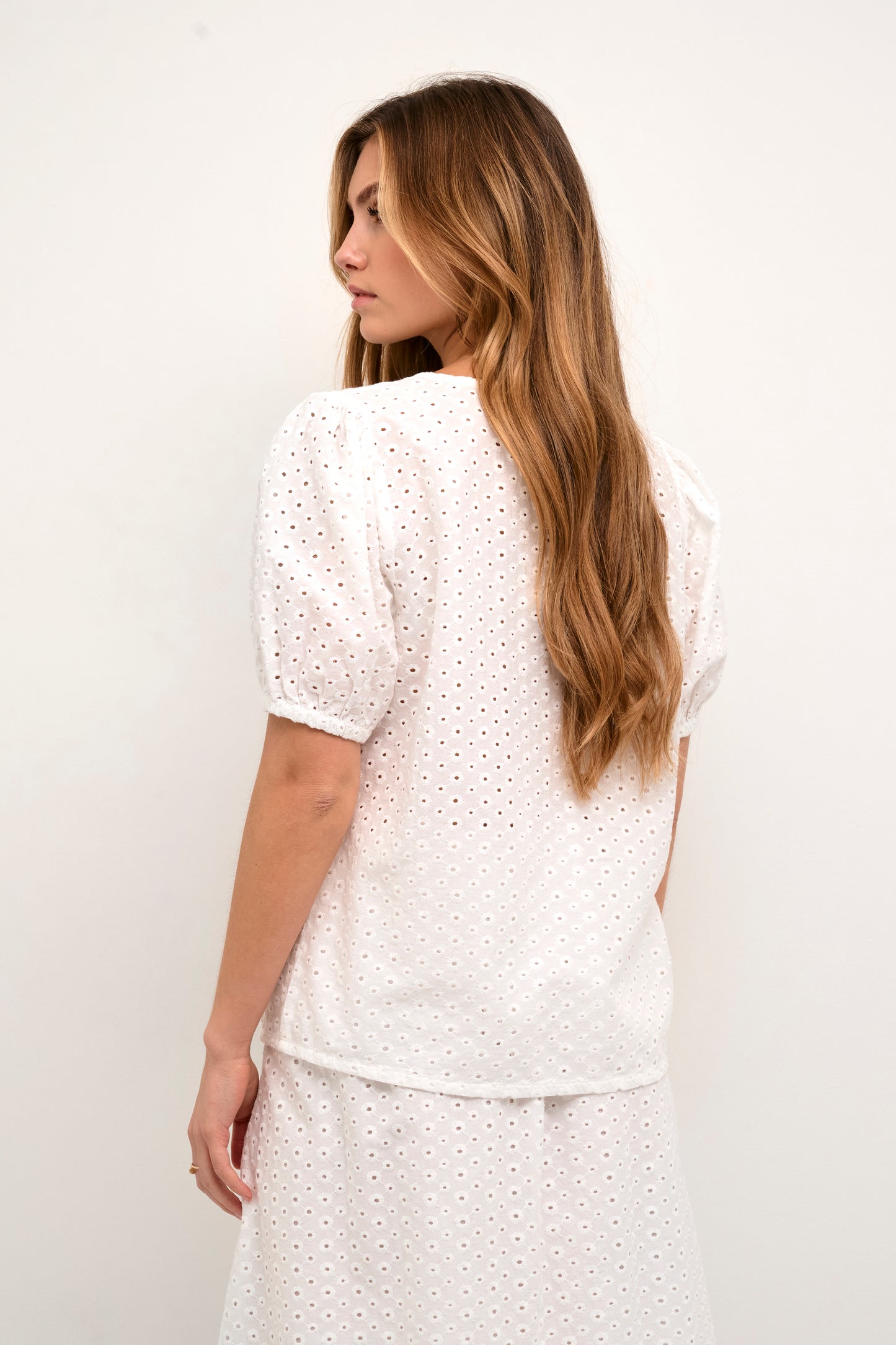 KAFFE KAKIO Chalk White English Embroidery Shortsleeve Vneck Blouse