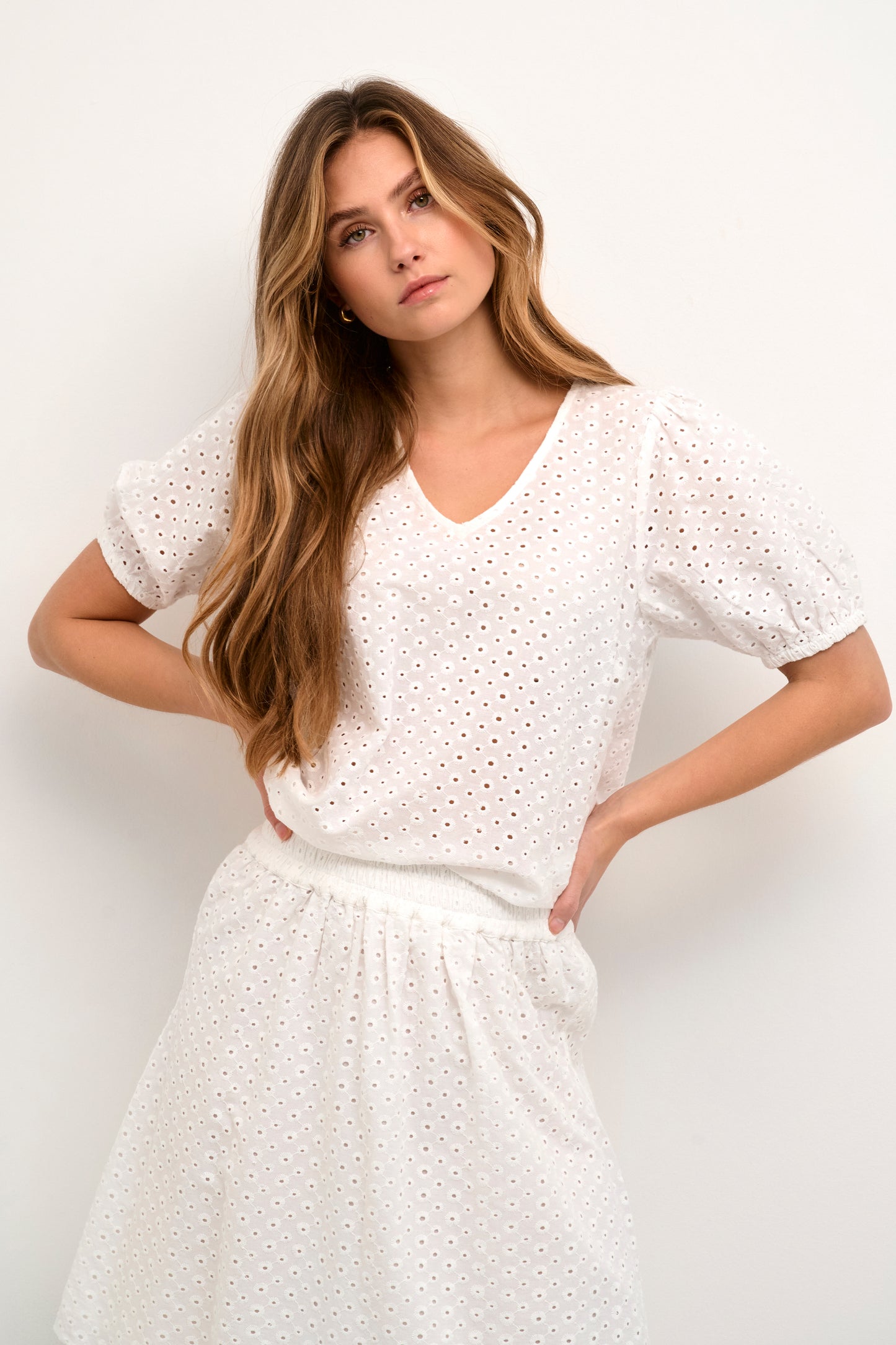 KAFFE KAKIO Chalk White English Embroidery Shortsleeve Vneck Blouse