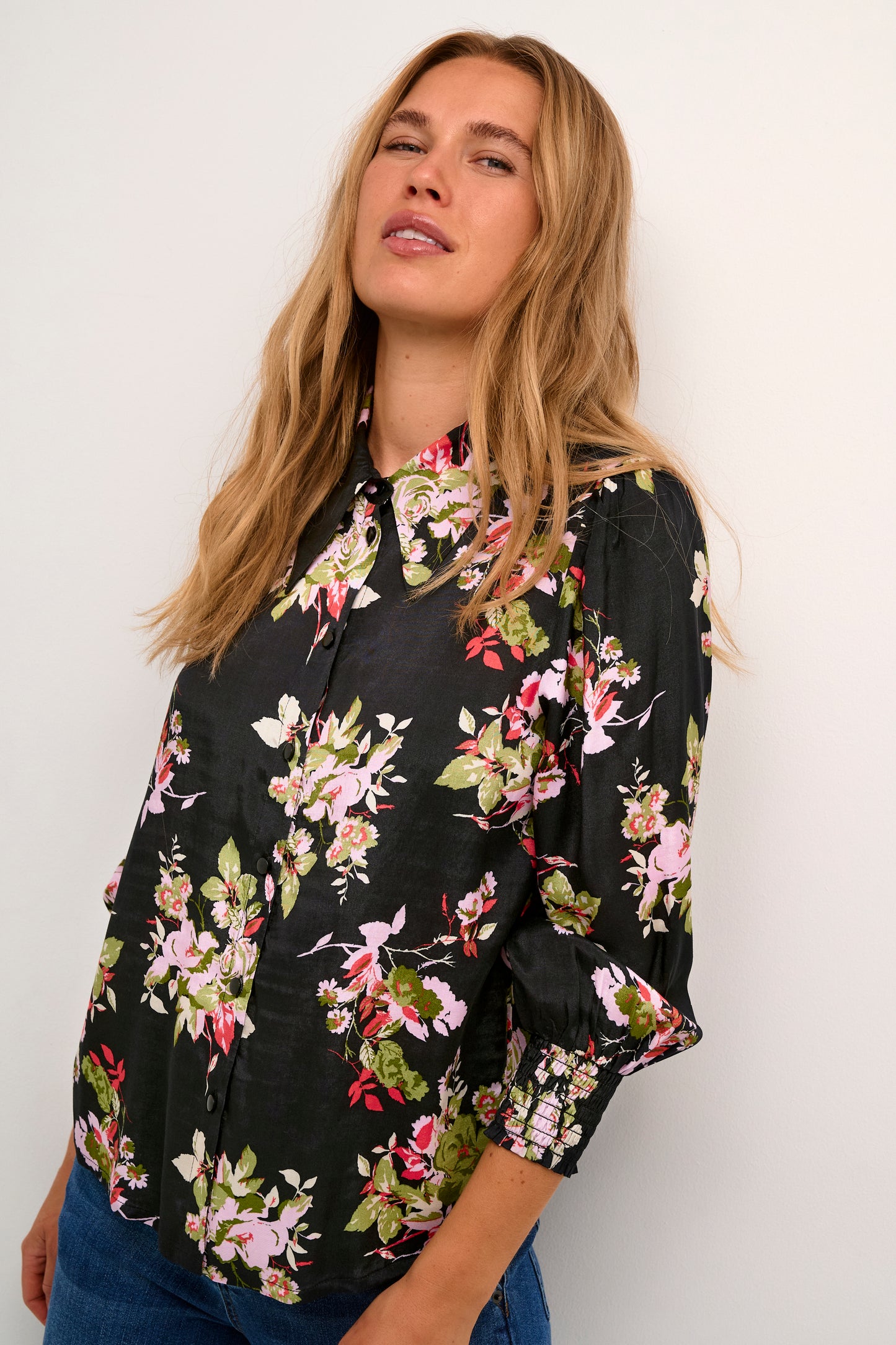KAFFE LORELEI Black Floral 3/4 Sleeve Button Down Blouse