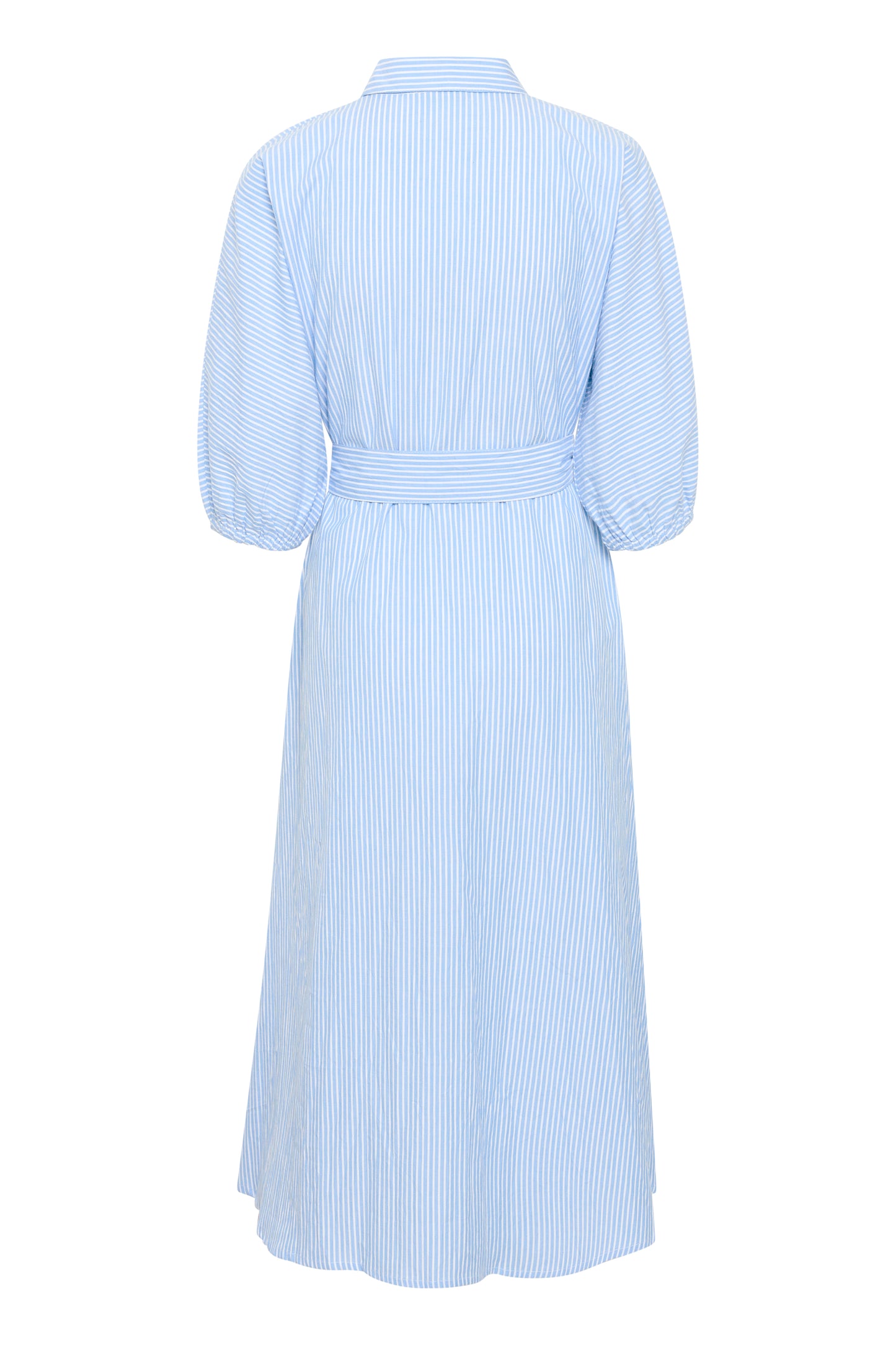 KAFFE Debra Powder Blue & White Pinstriped Belted Dress