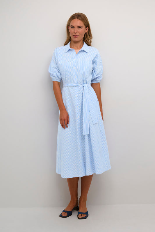 KAFFE Debra Powder Blue & White Pinstriped Belted Dress