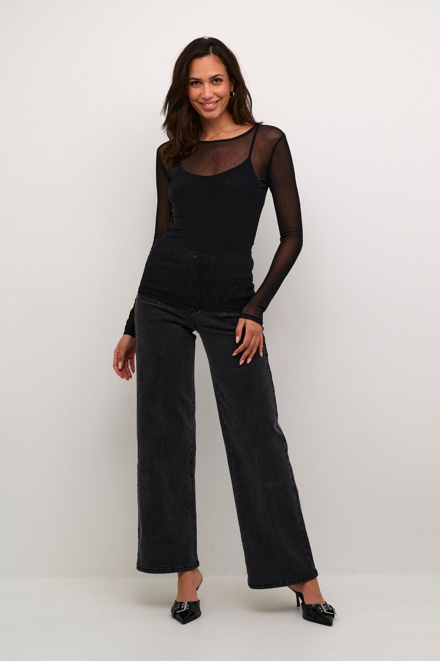 KAFFE DORIANA Black Embellished Mesh Longsleeve