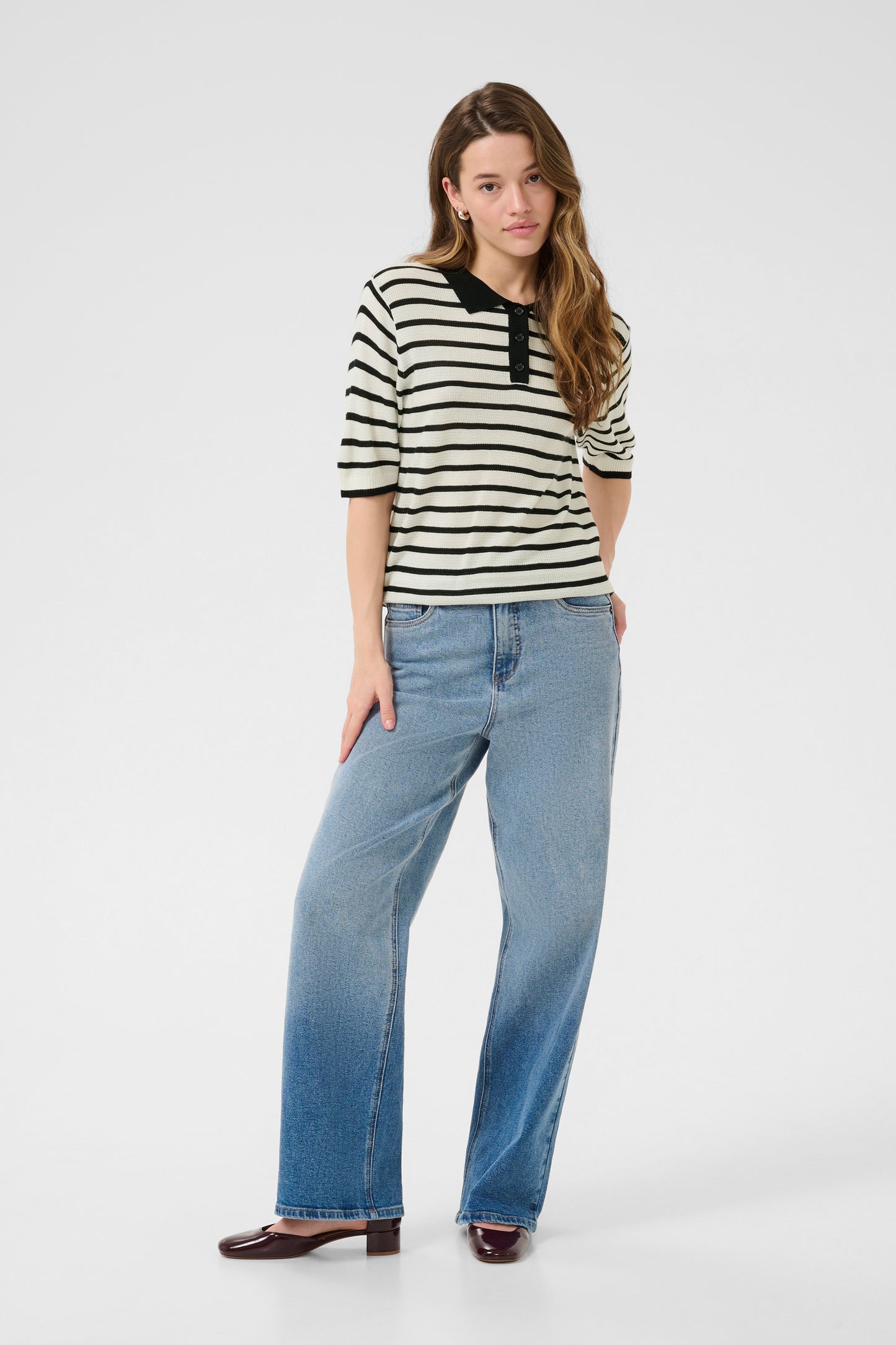 KAFFE LHENIA Two-Tone Cream & Black Knit Polo