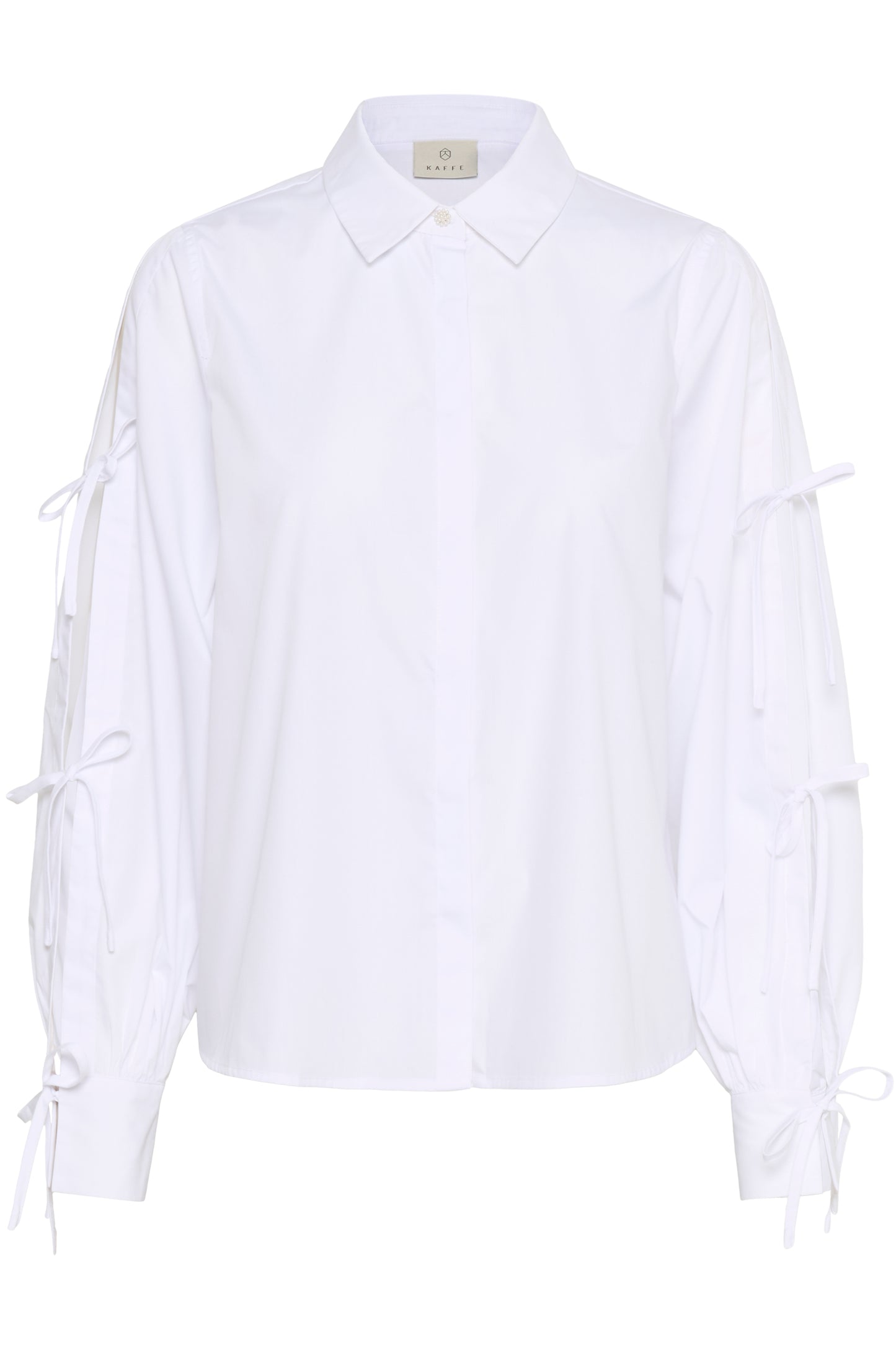 KAFFE SARA Crisp White Tie-Sleeve Blouse – Modern Minimalism with a Soft Feminine Twist