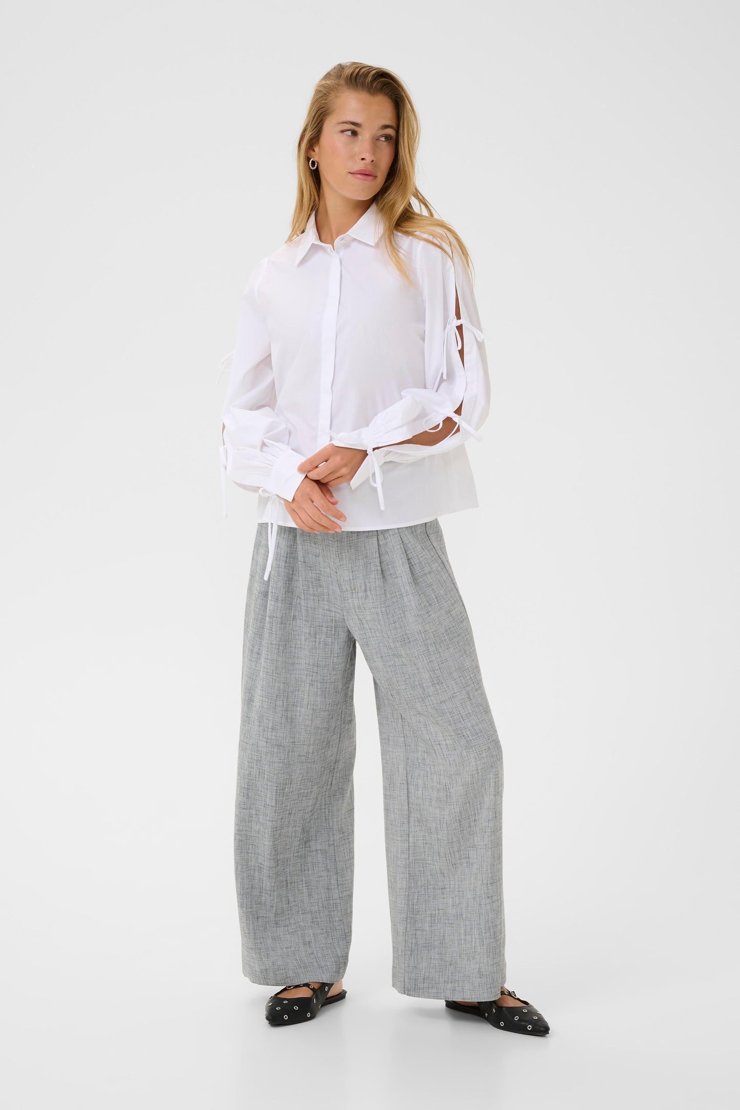 KAFFE SARA Crisp White Tie-Sleeve Blouse – Modern Minimalism with a Soft Feminine Twist