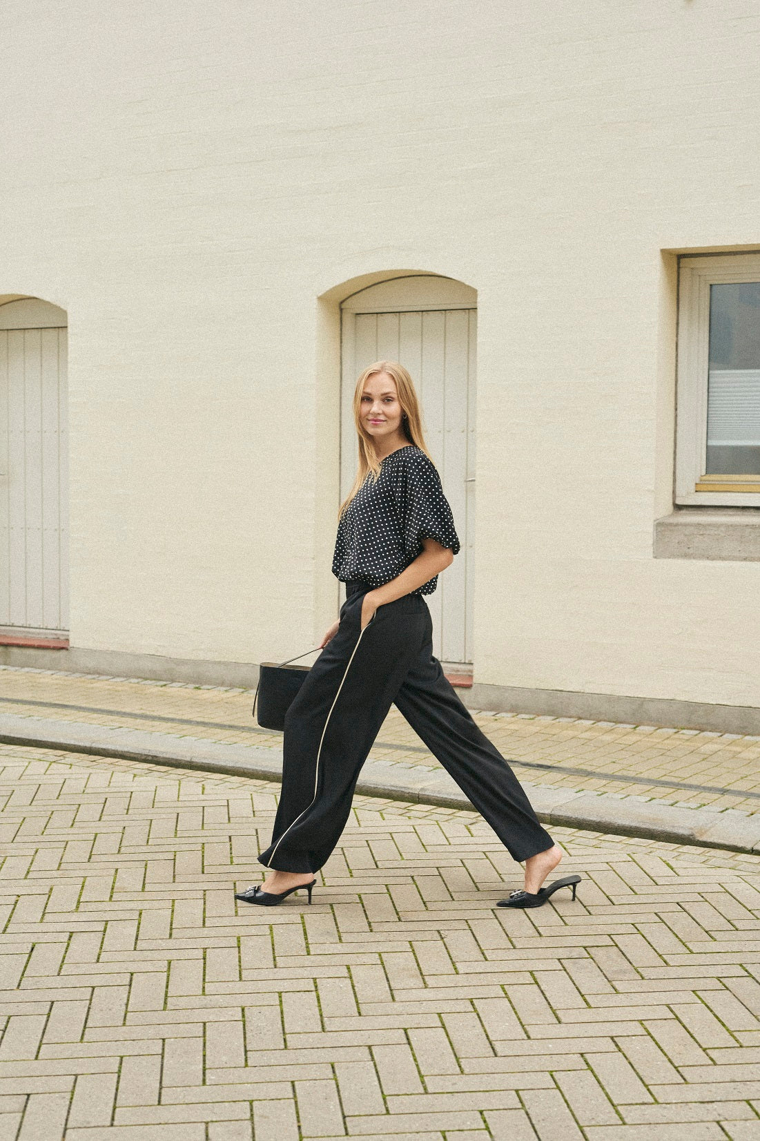 KAFFE TESSA Black Piped Wide-Leg Trousers