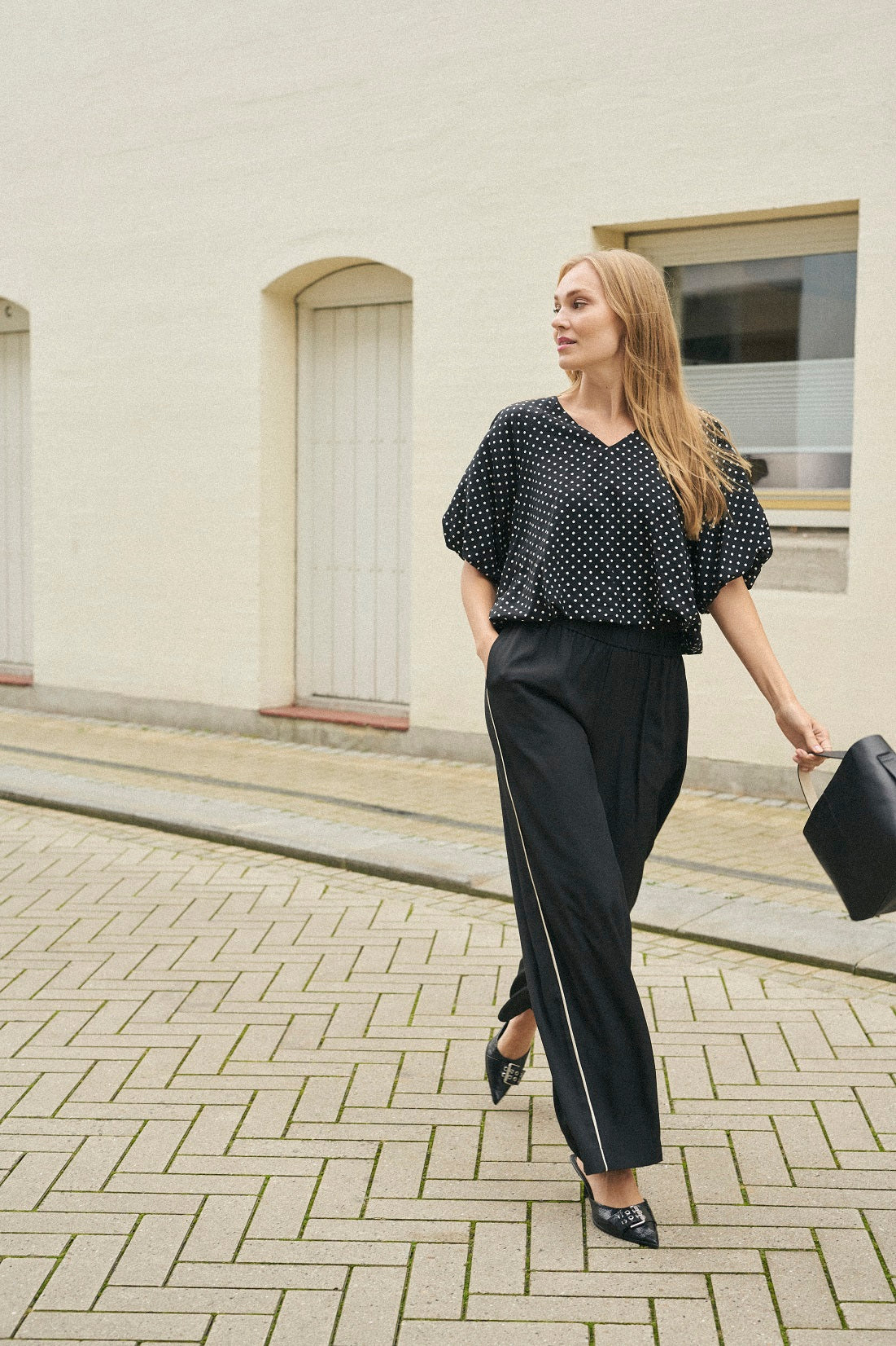 KAFFE TESSA Black Piped Wide-Leg Trousers