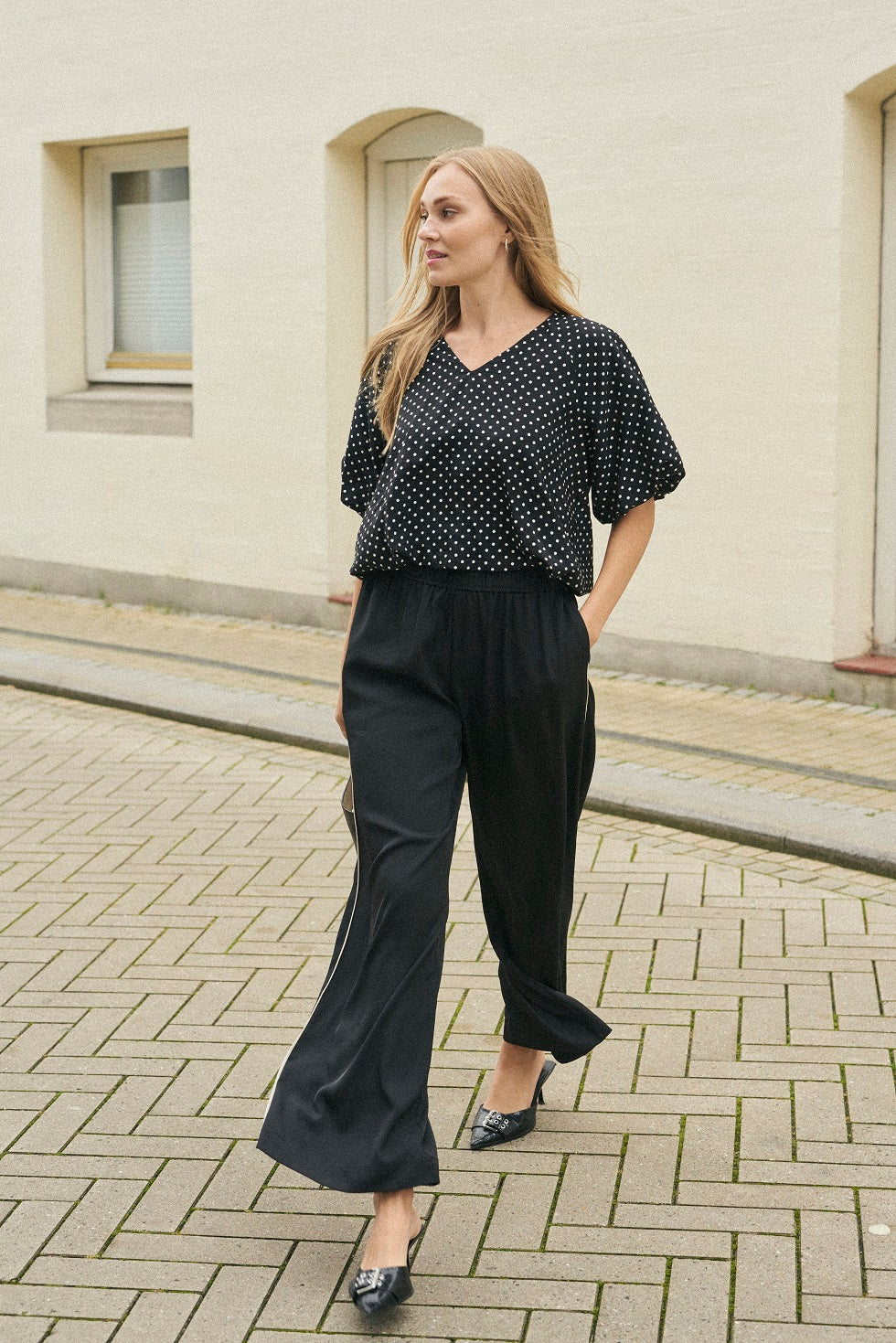 KAFFE TESSA Black Piped Wide-Leg Trousers
