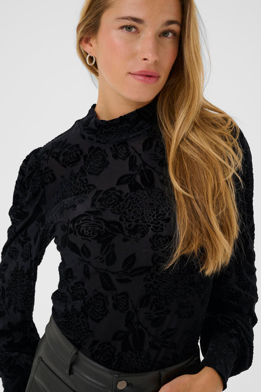 KAFFE ROSA Black Velvet Floral Longsleeve Top