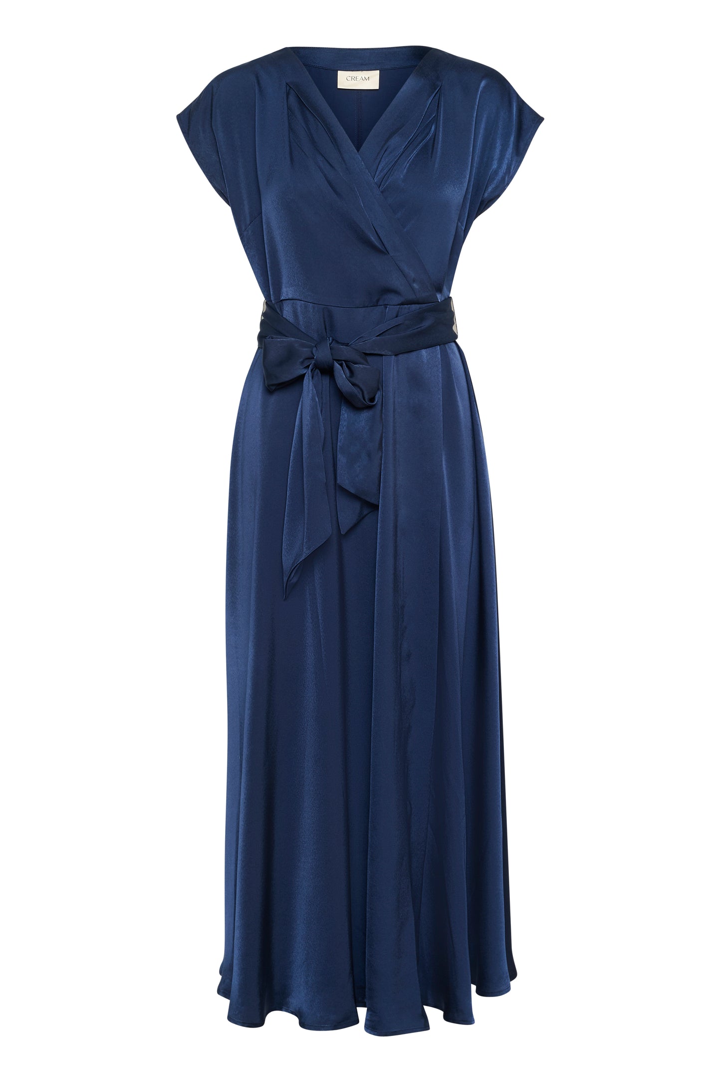 CREAM ELORA Satin Wrap Dress – Navy Blue Belted Maxi Dress