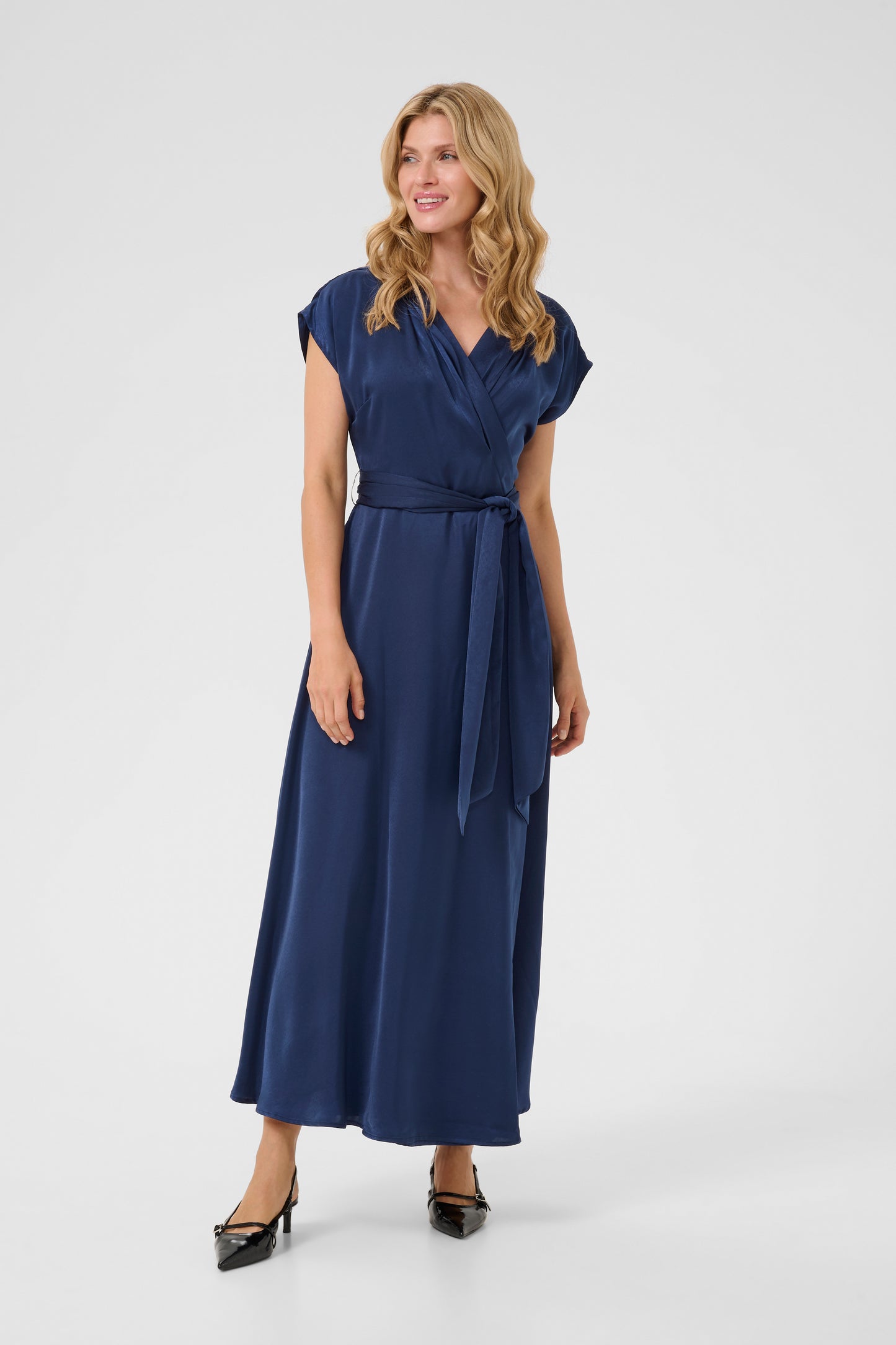 CREAM ELORA Satin Wrap Dress – Navy Blue Belted Maxi Dress