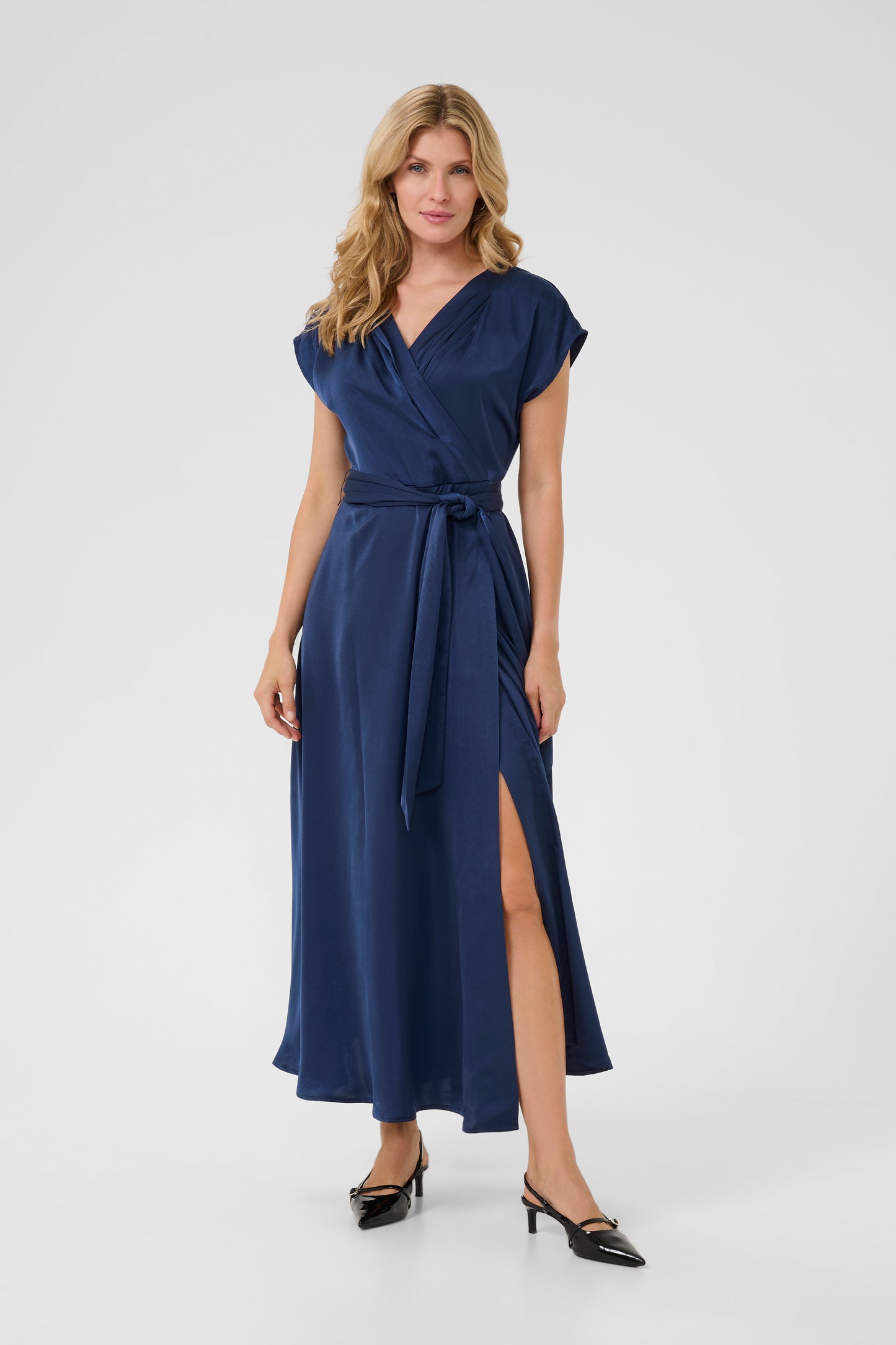 CREAM ELORA Satin Wrap Dress – Navy Blue Belted Maxi Dress