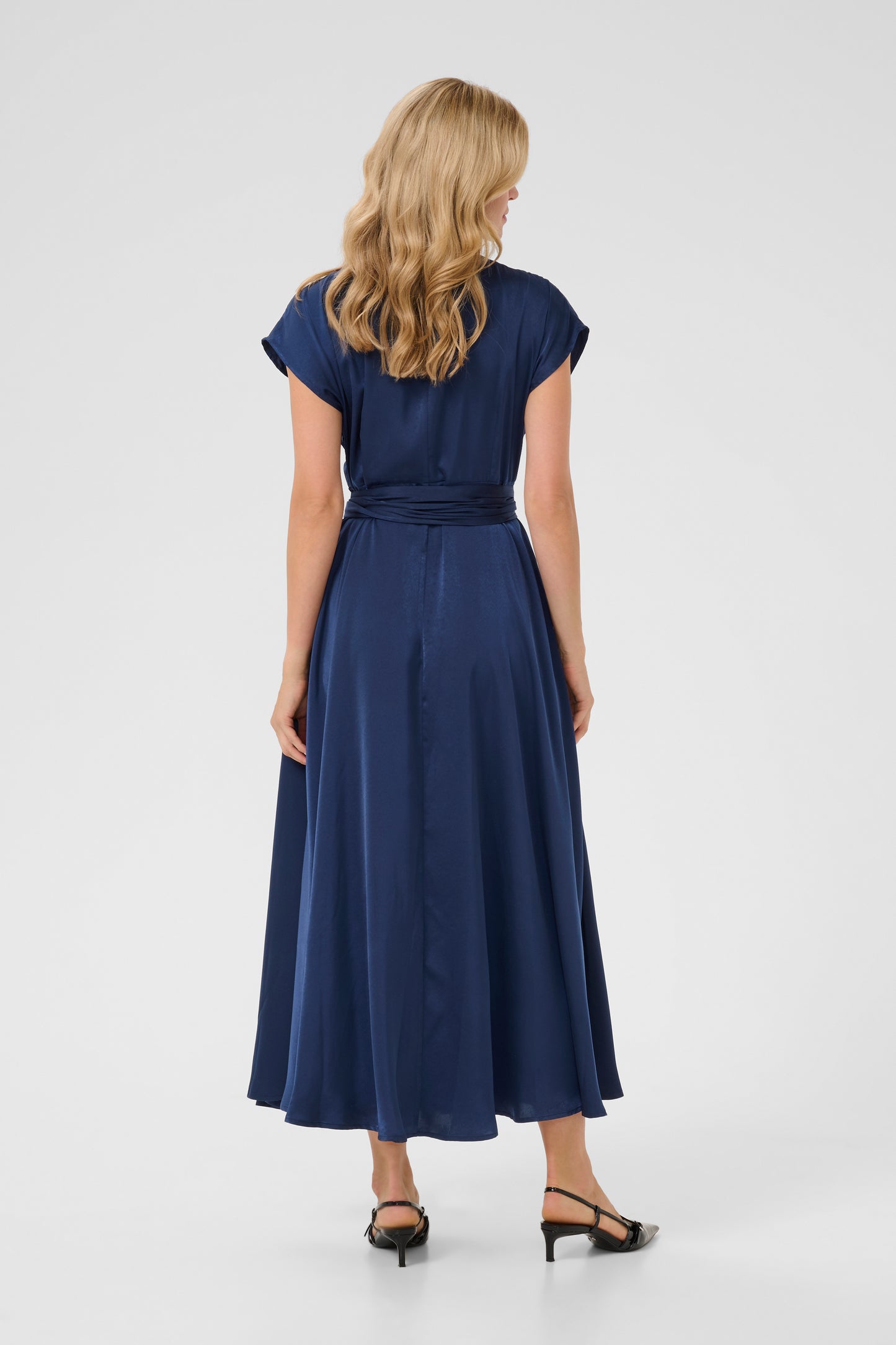 CREAM ELORA Satin Wrap Dress – Navy Blue Belted Maxi Dress
