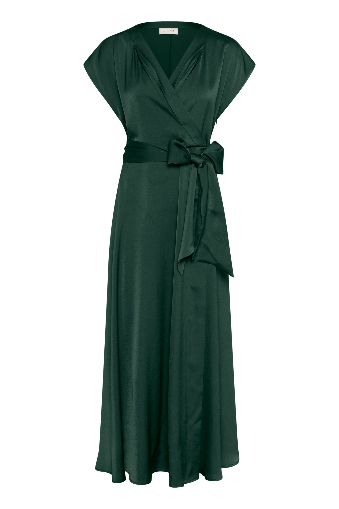 CREAM ELORA Satin Wrap Dress – Pine Green Belted Maxi Dress
