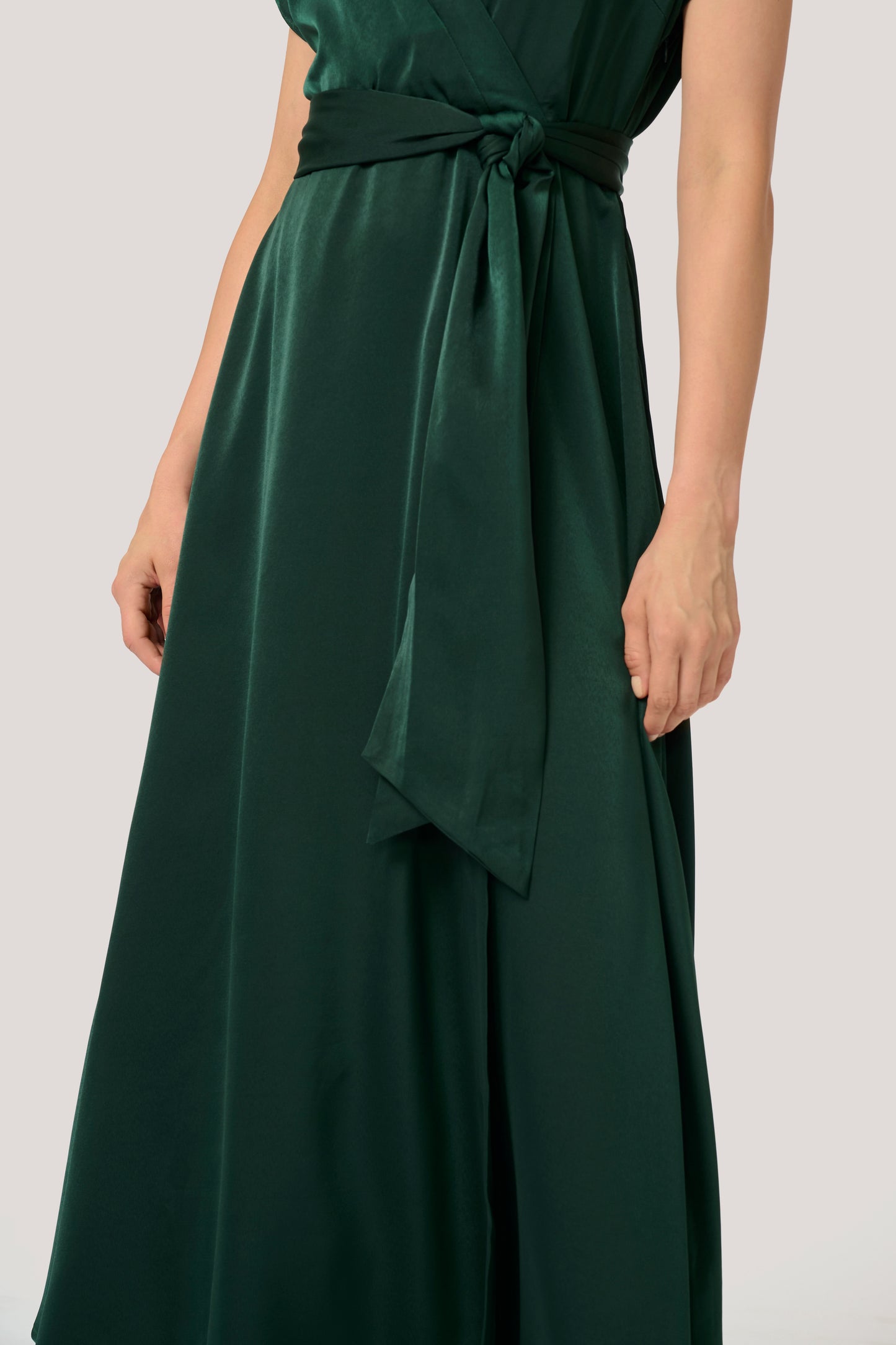 CREAM ELORA Satin Wrap Dress – Pine Green Belted Maxi Dress