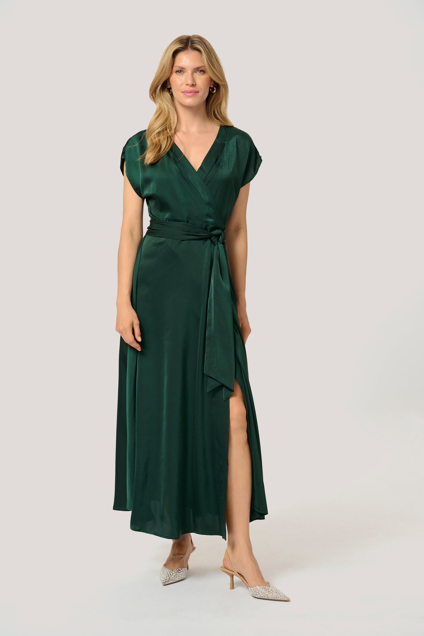 CREAM ELORA Satin Wrap Dress – Pine Green Belted Maxi Dress