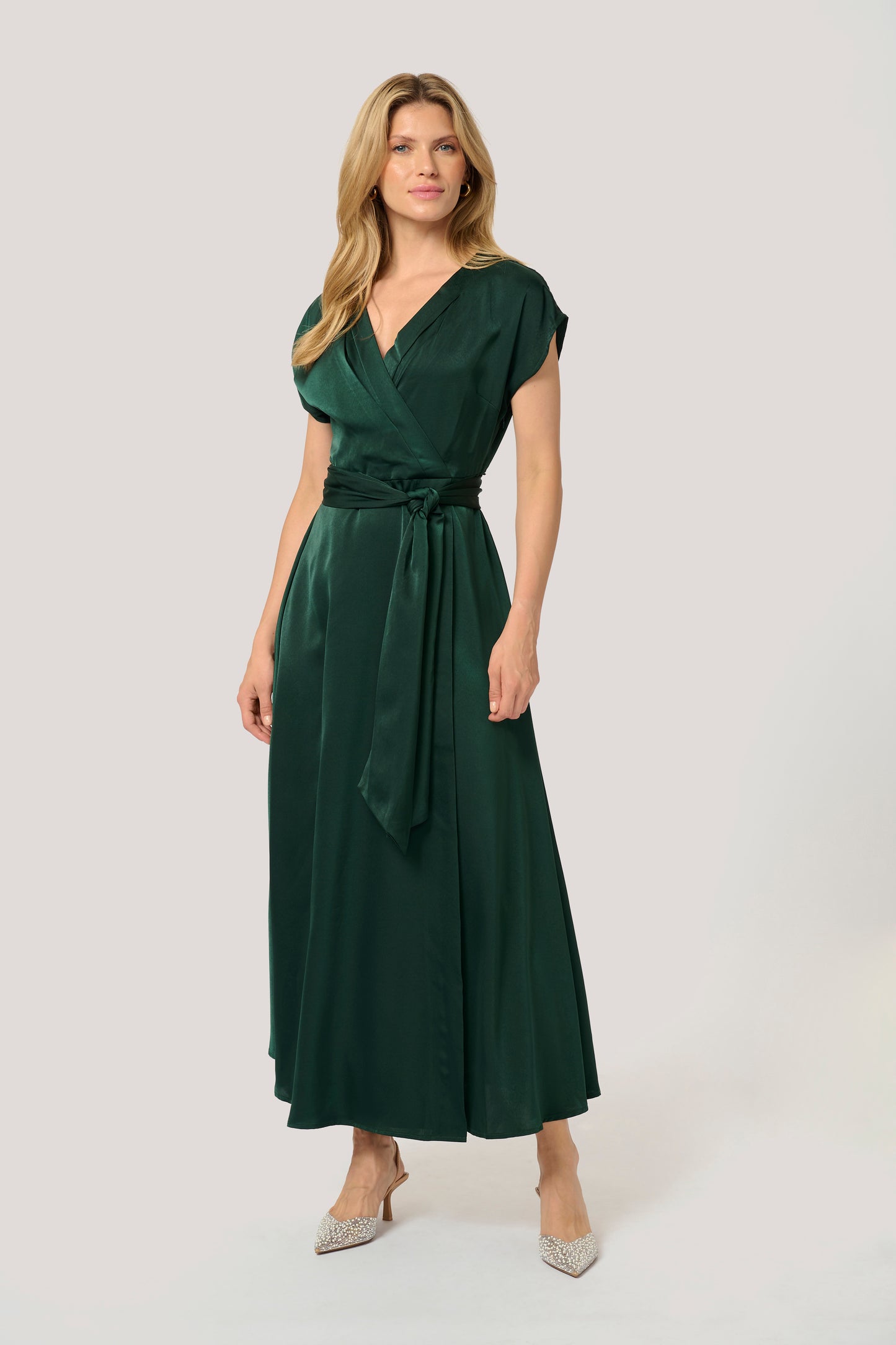 CREAM ELORA Satin Wrap Dress – Pine Green Belted Maxi Dress