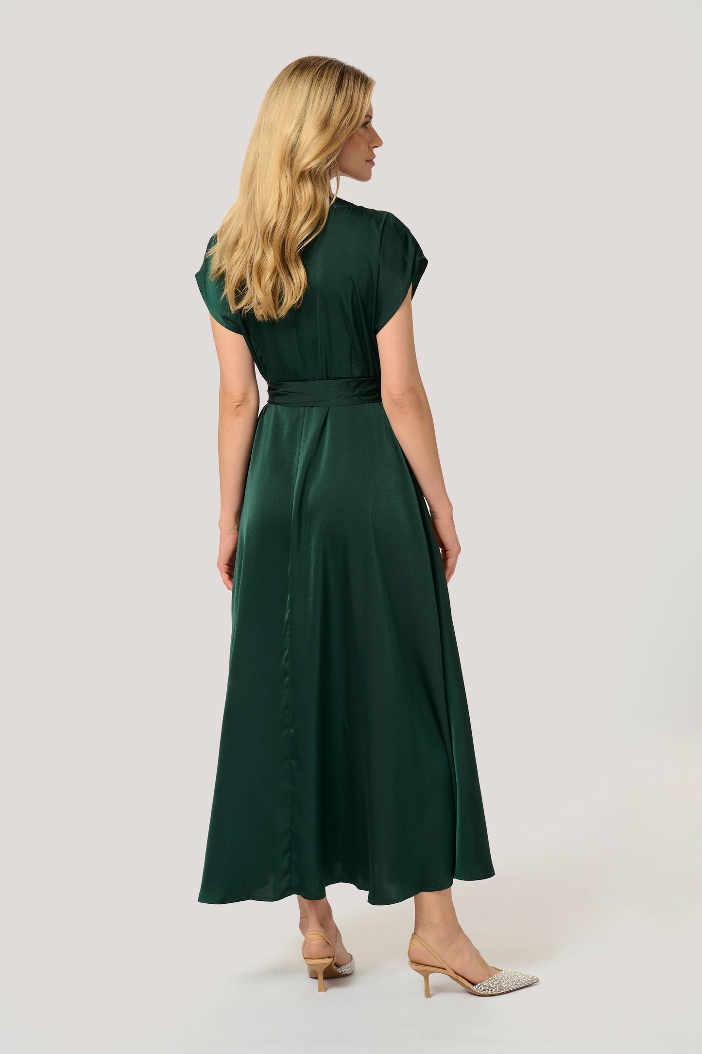 CREAM ELORA Satin Wrap Dress – Pine Green Belted Maxi Dress