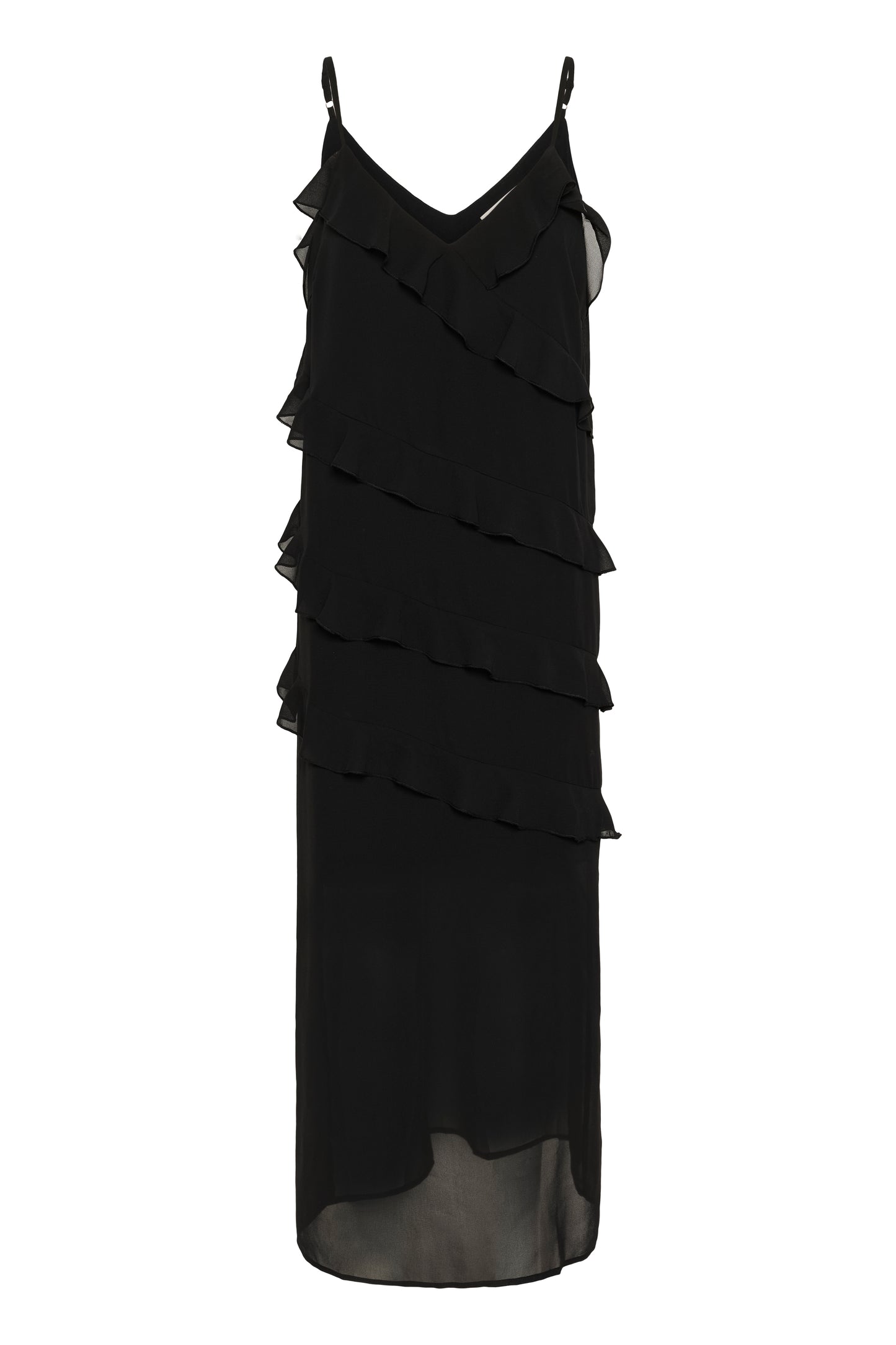 CREAM RACHEL Black Ruffle Maxi Dress – Sheer Layered Strap Dress