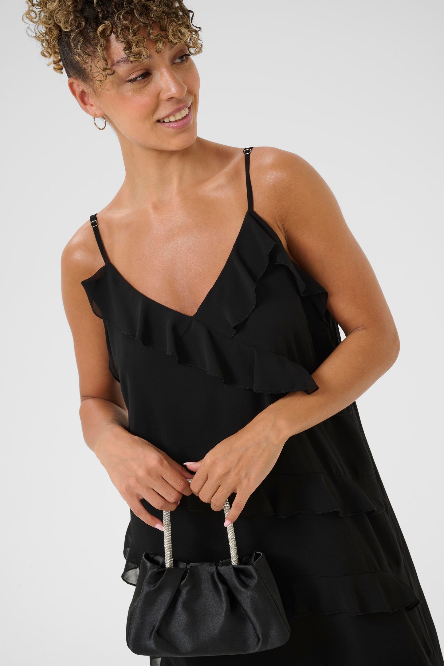 CREAM RACHEL Black Ruffle Maxi Dress – Sheer Layered Strap Dress