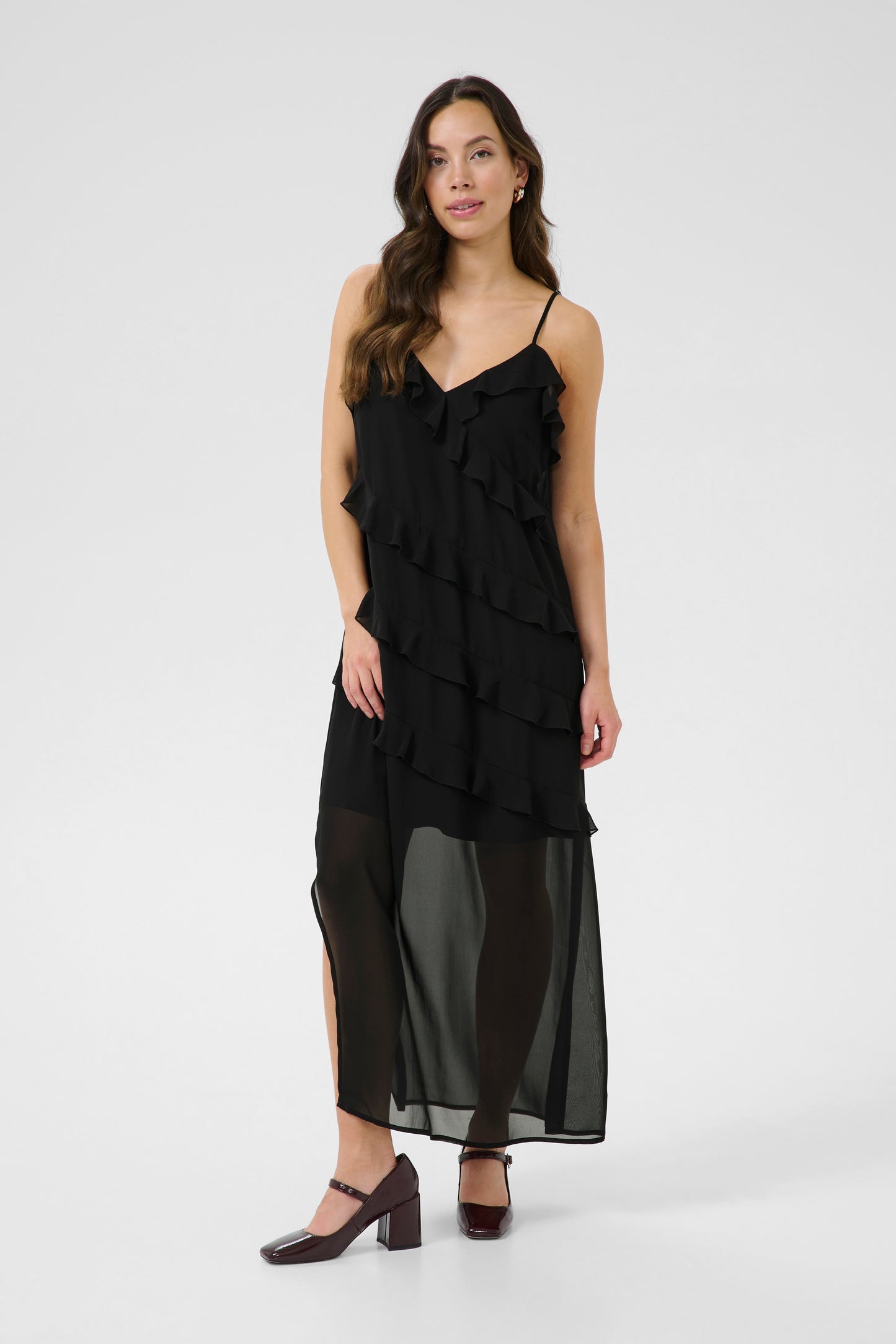 CREAM RACHEL Black Ruffle Maxi Dress – Sheer Layered Strap Dress