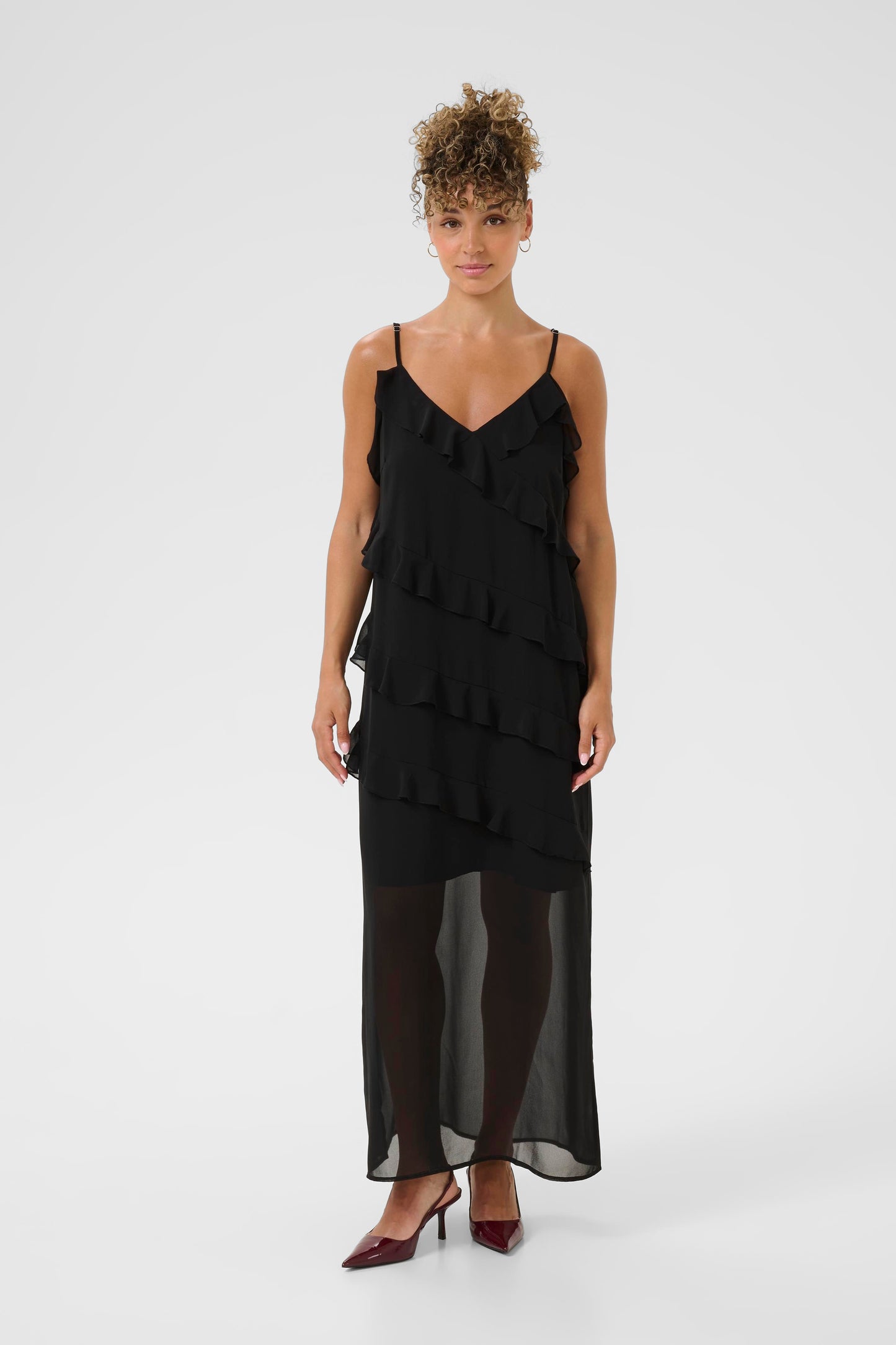 CREAM RACHEL Black Ruffle Maxi Dress – Sheer Layered Strap Dress