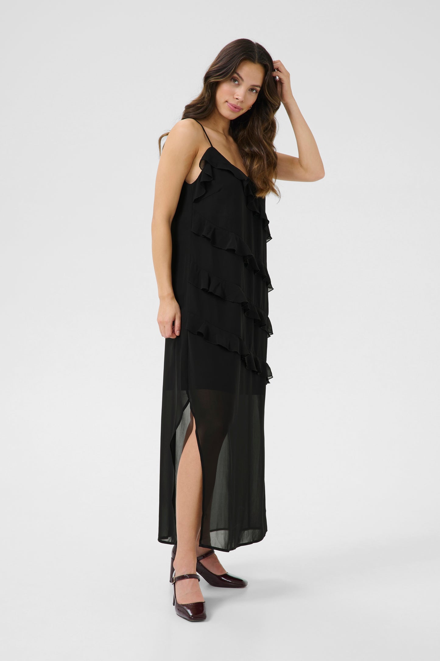 CREAM RACHEL Black Ruffle Maxi Dress – Sheer Layered Strap Dress