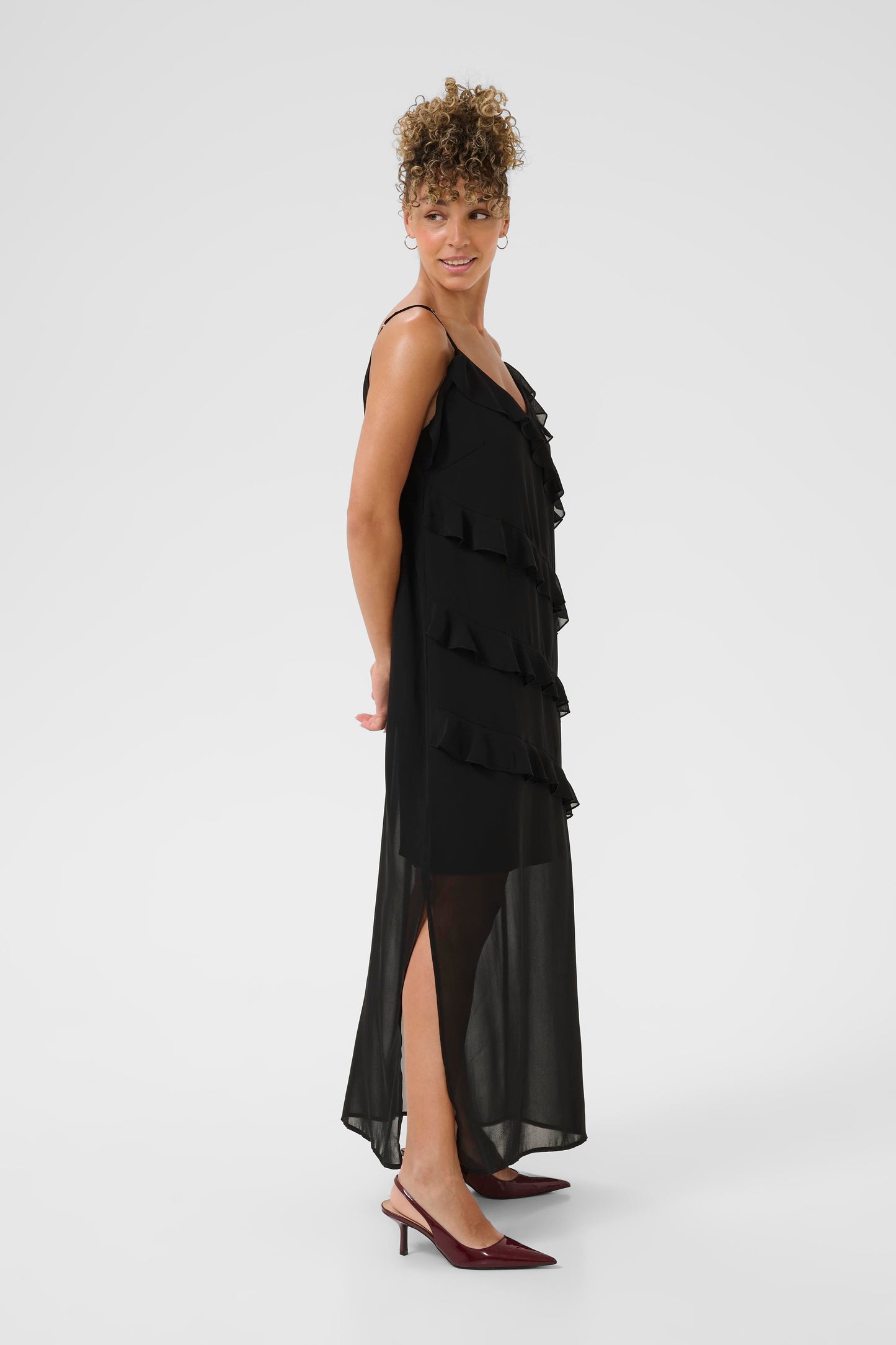 CREAM RACHEL Black Ruffle Maxi Dress – Sheer Layered Strap Dress