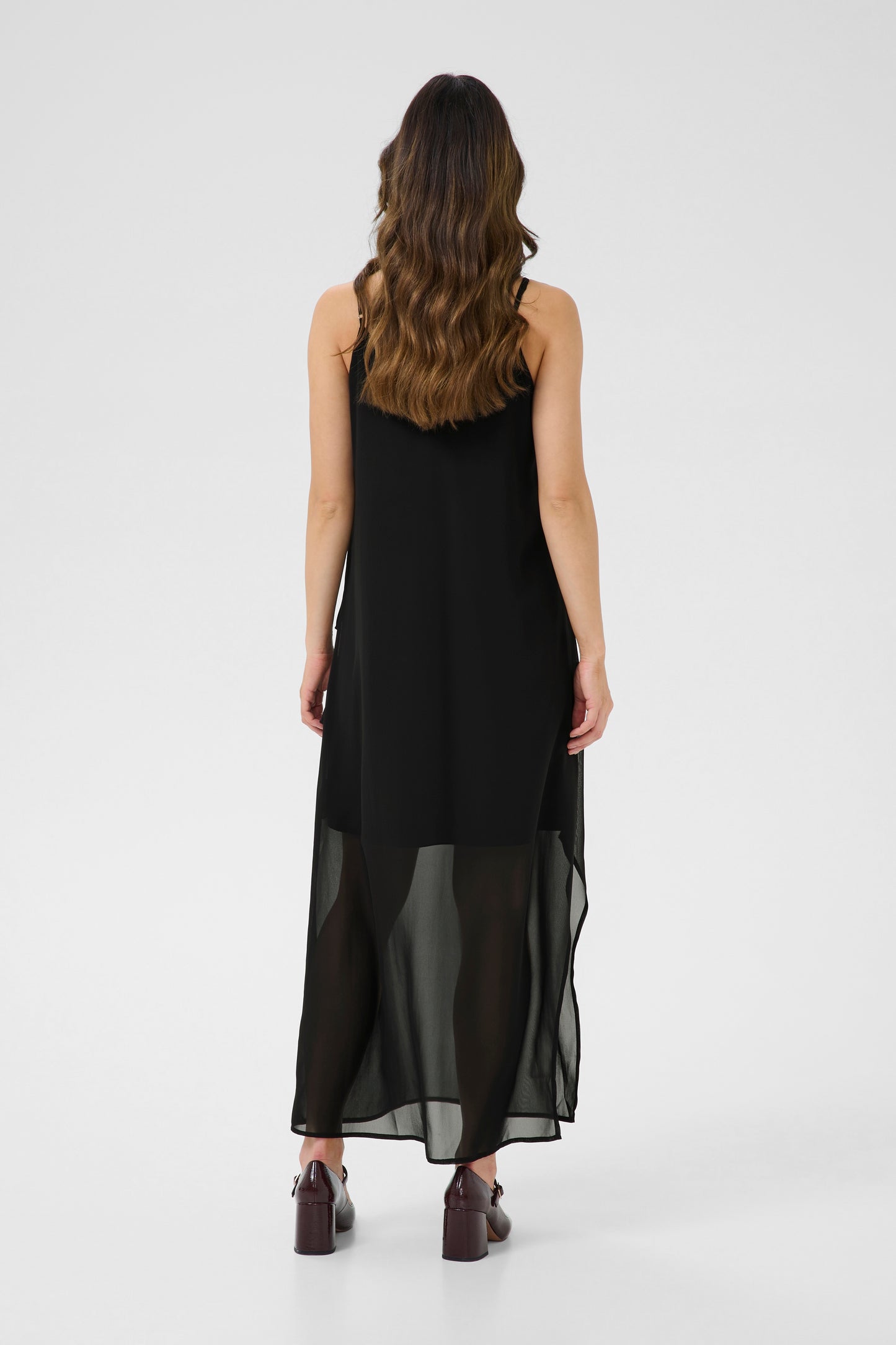 CREAM RACHEL Black Ruffle Maxi Dress – Sheer Layered Strap Dress