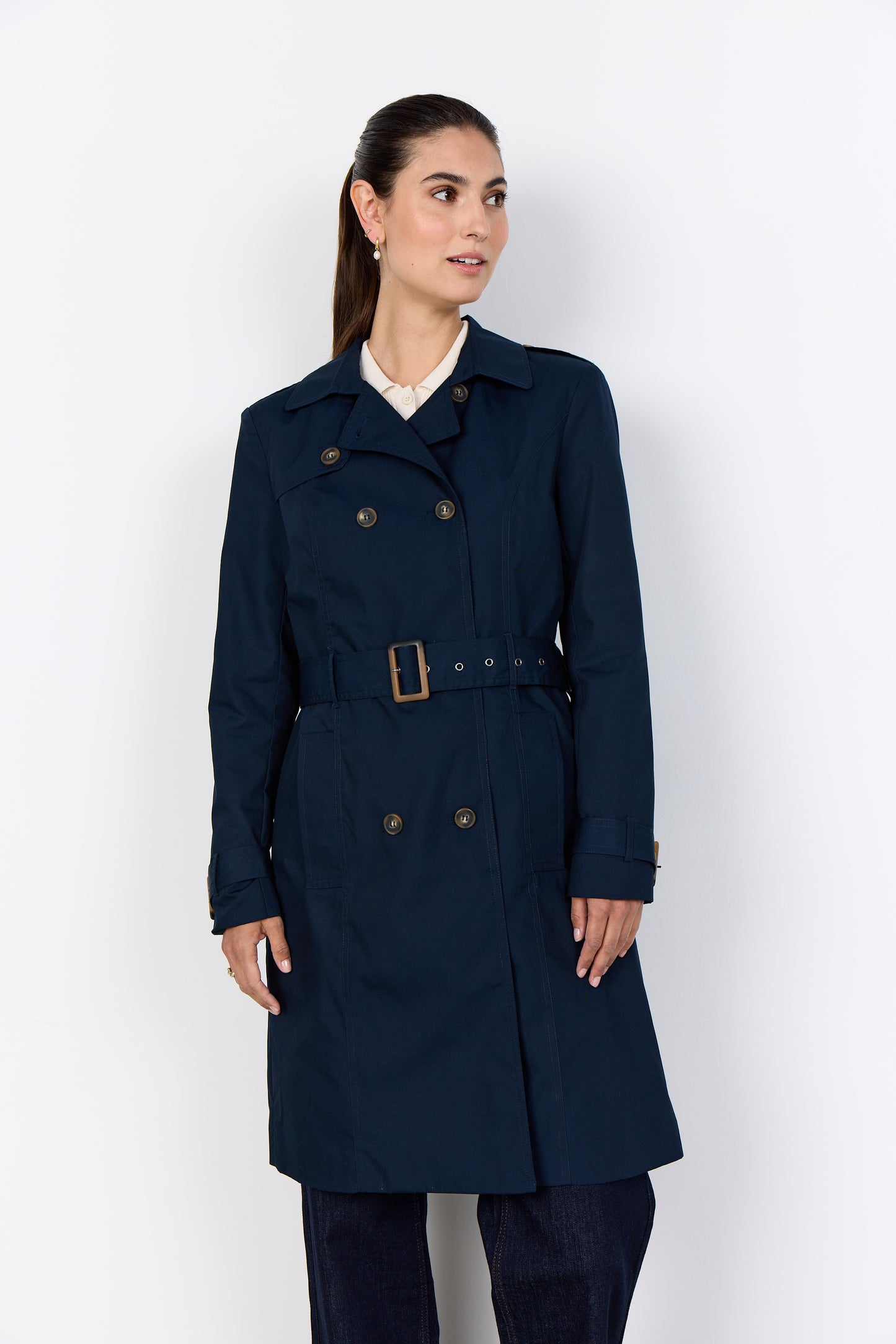 SOYA CONCEPT Lora Navy Blue Trench Coat – Belted Double-Breasted Jacket