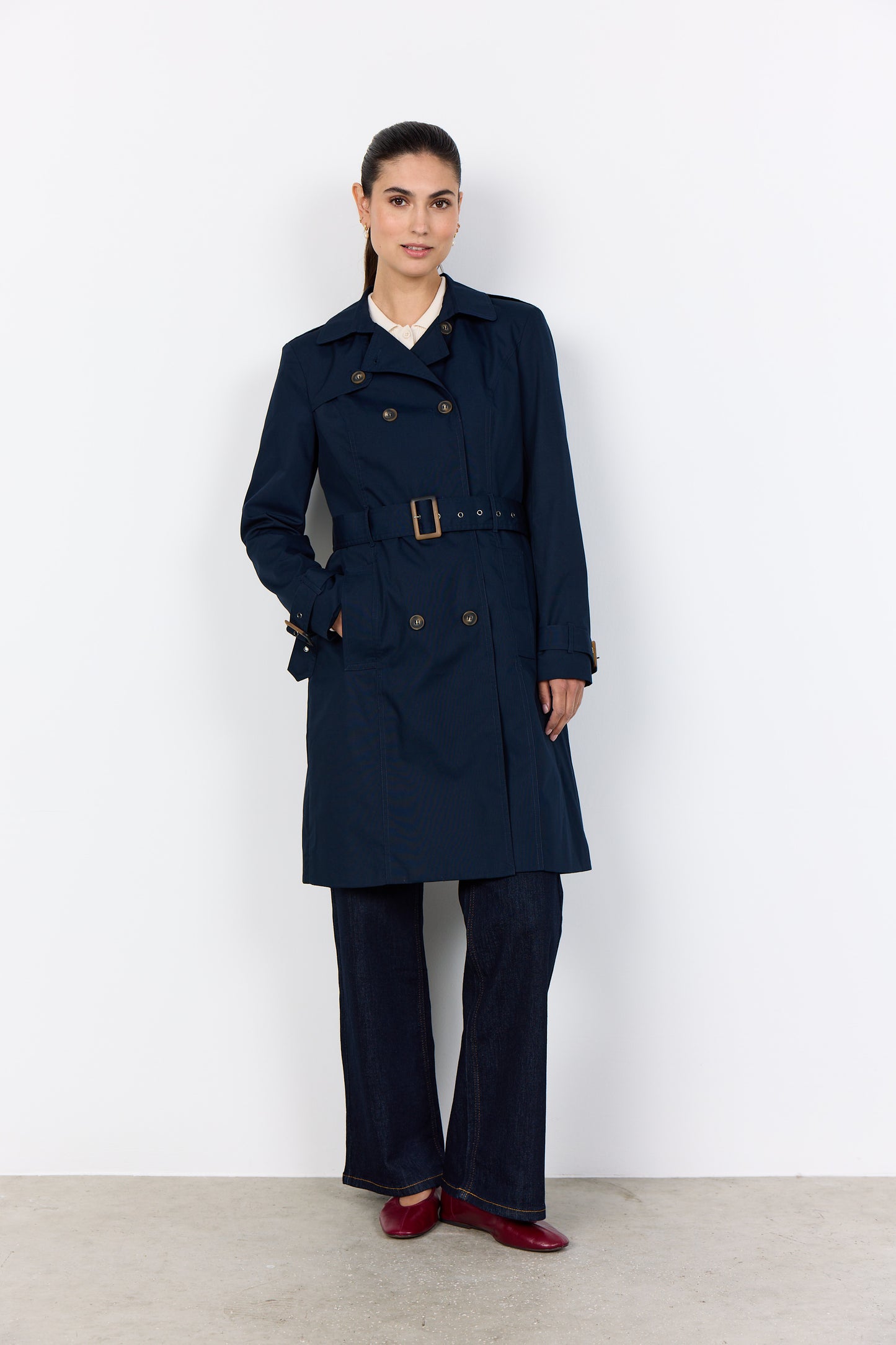 SOYA CONCEPT Lora Navy Blue Trench Coat – Belted Double-Breasted Jacket