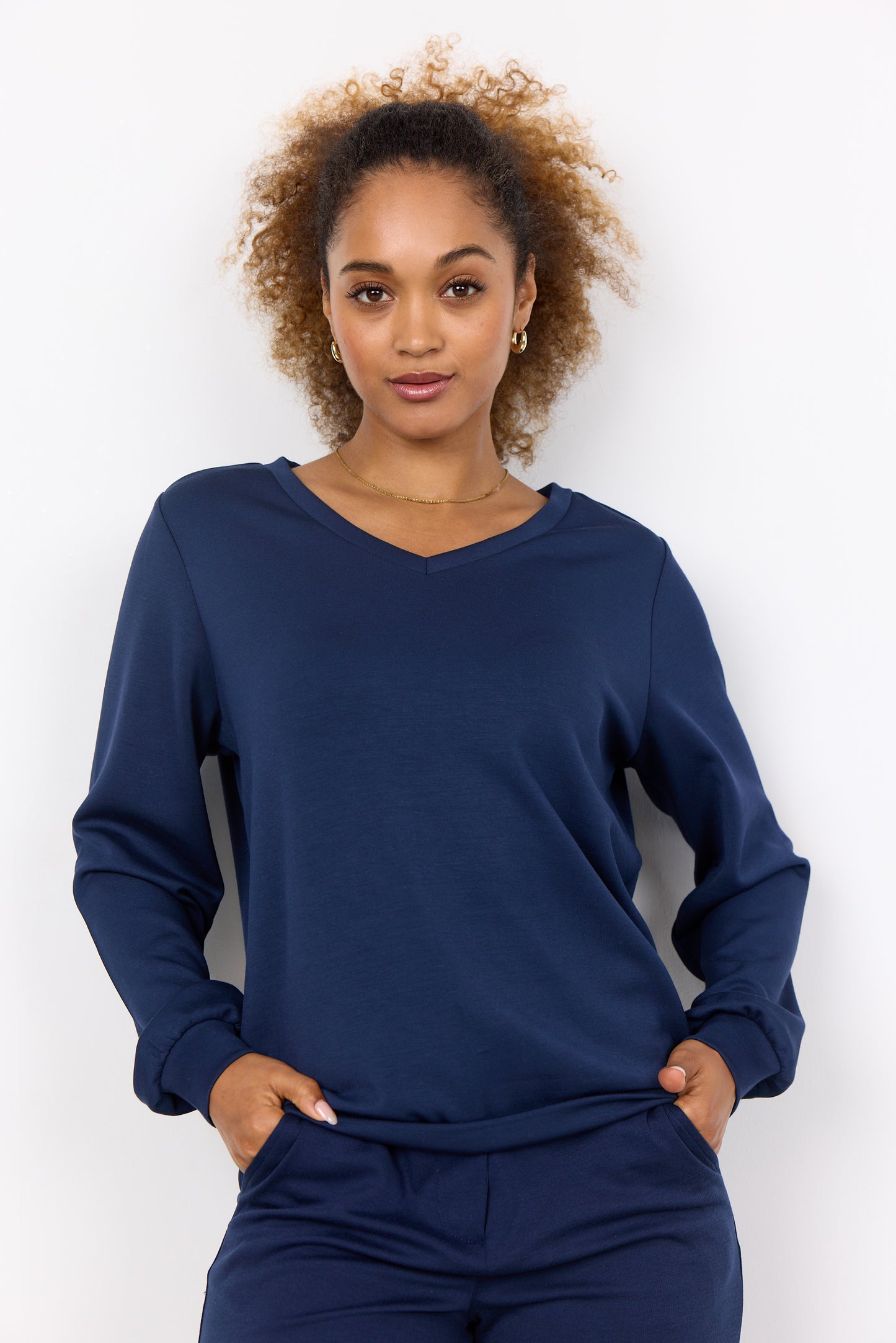 SOYA CONCEPT BANU 194 Navy Blue Iris V Neck Luxe Sweat Shirt