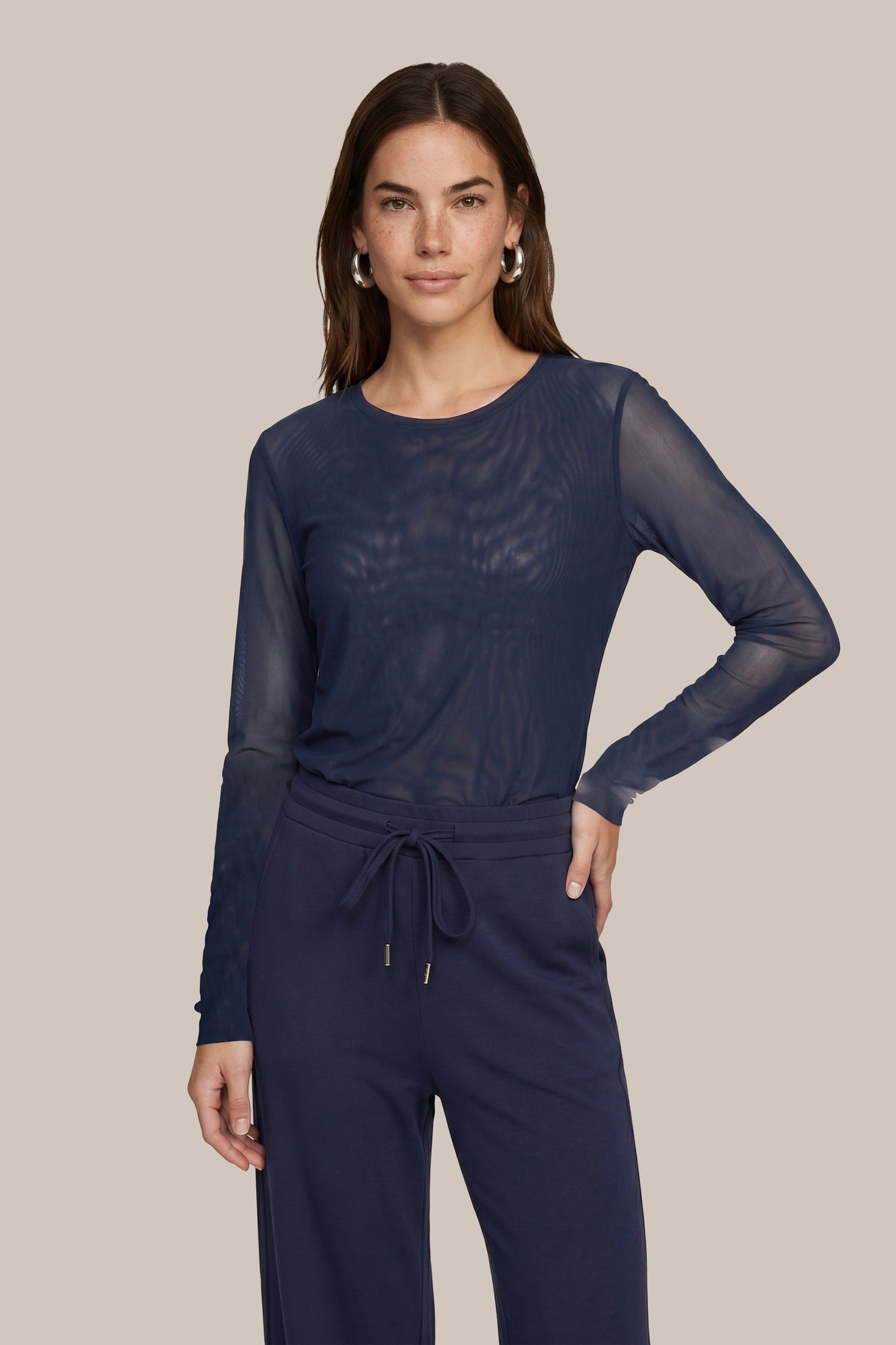 C&S THE LABEL TANEA Navy Blue Sheer Mesh Long Sleeve Top