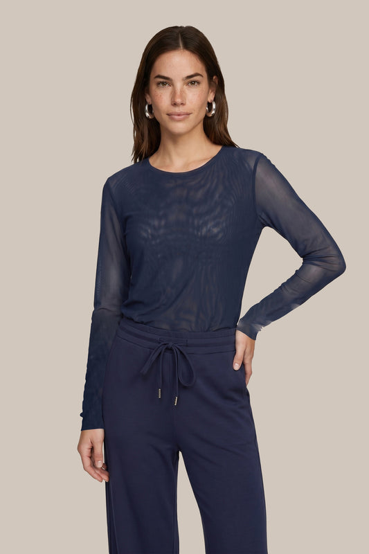 C&S THE LABEL TANEA Navy Blue Sheer Mesh Long Sleeve Top