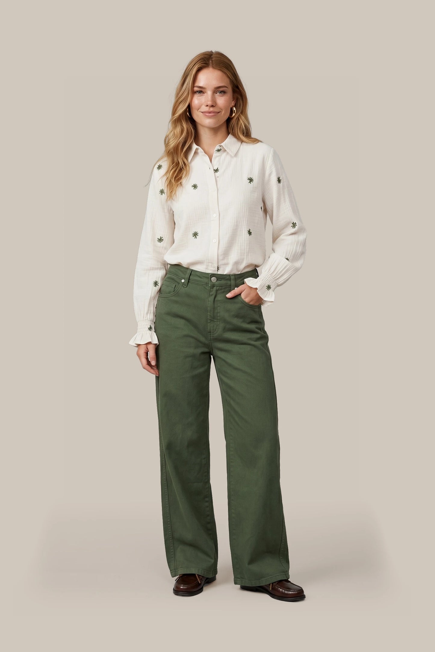 C&S THE LABEL NICO Olive Green Wide Leg Jeans