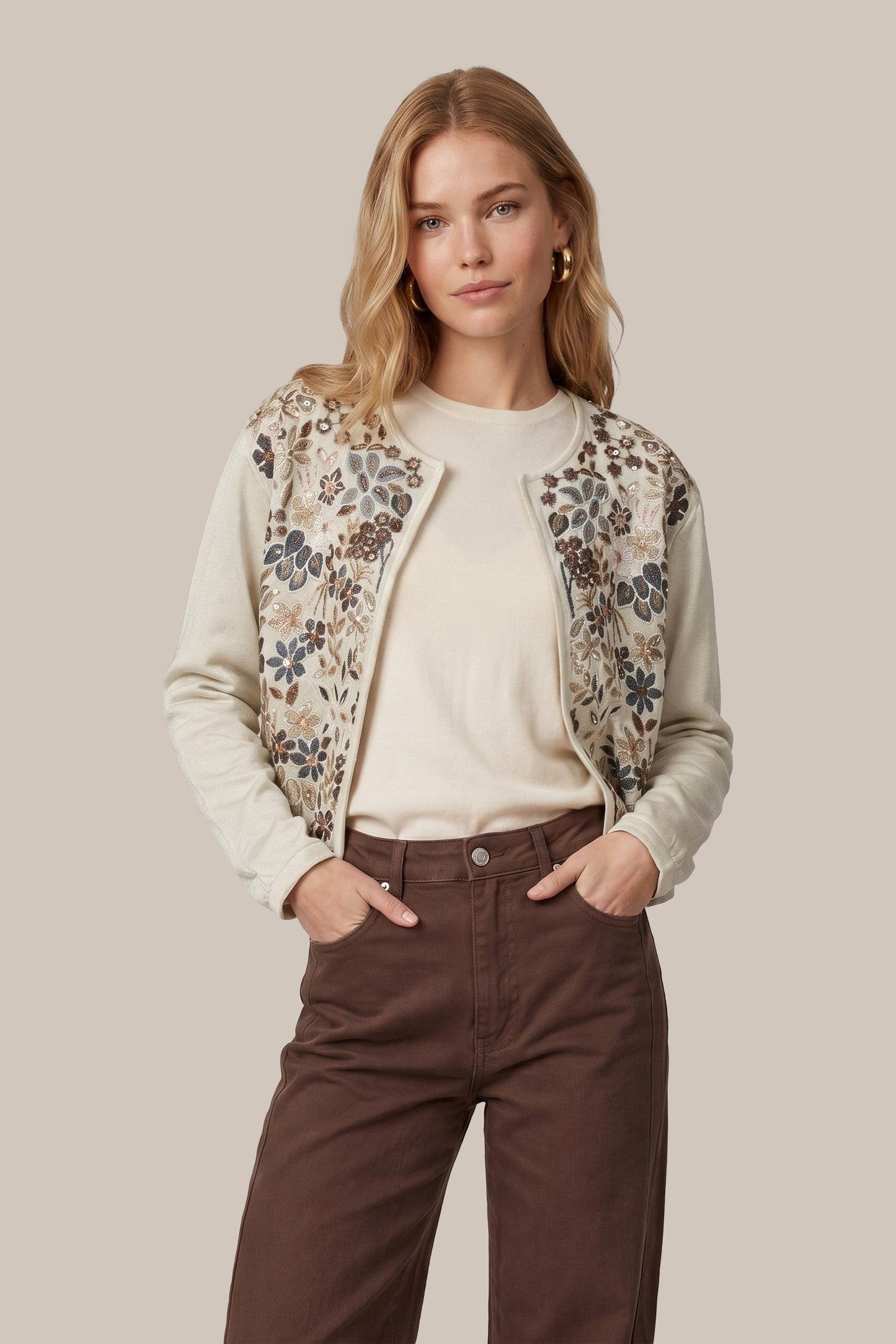 C&S THE LABEL JOY Cream Floral Embroidered Sequin Jacket