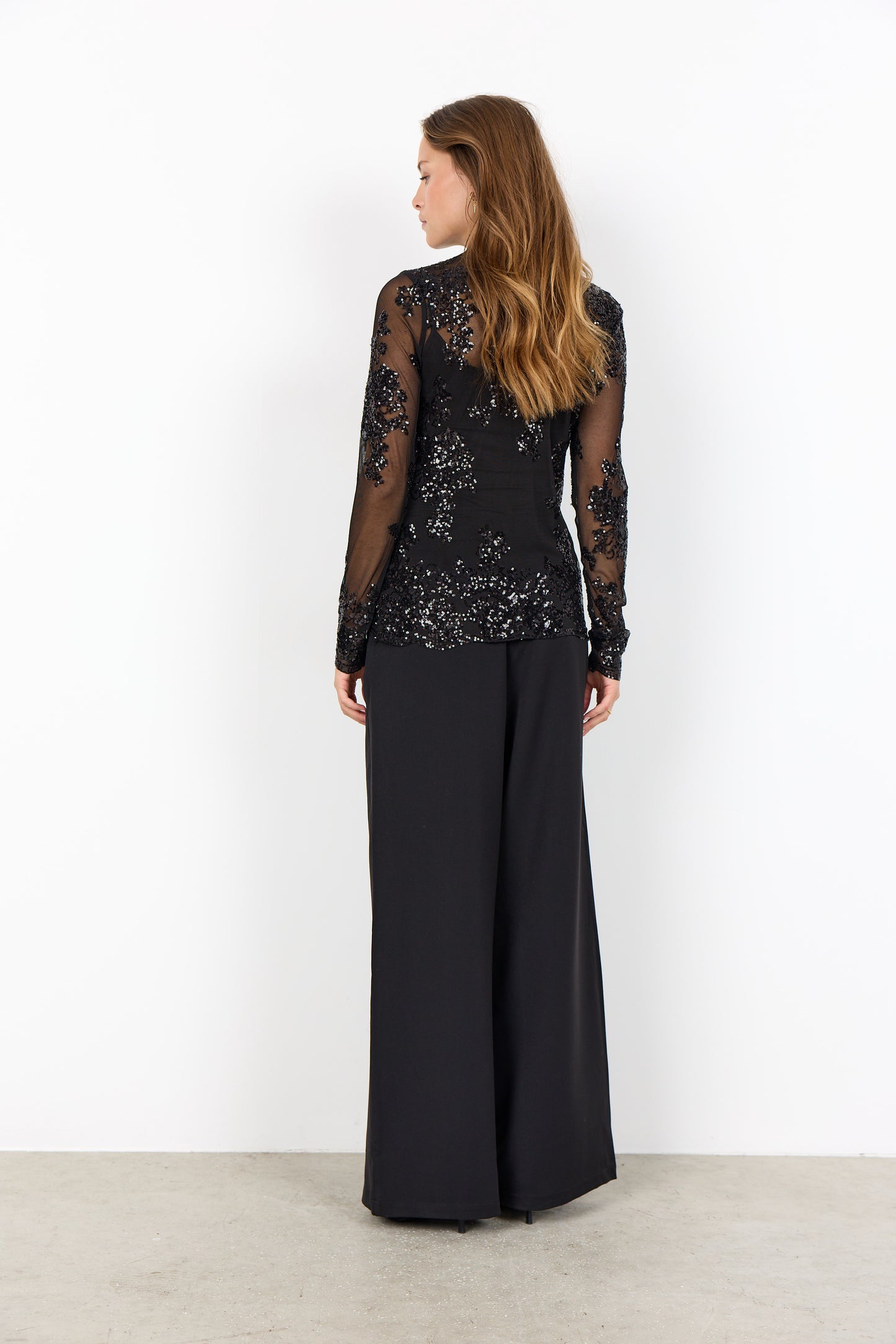 SOYA CONCEPT AUBE Black Sequin Floral Mesh Longsleeve